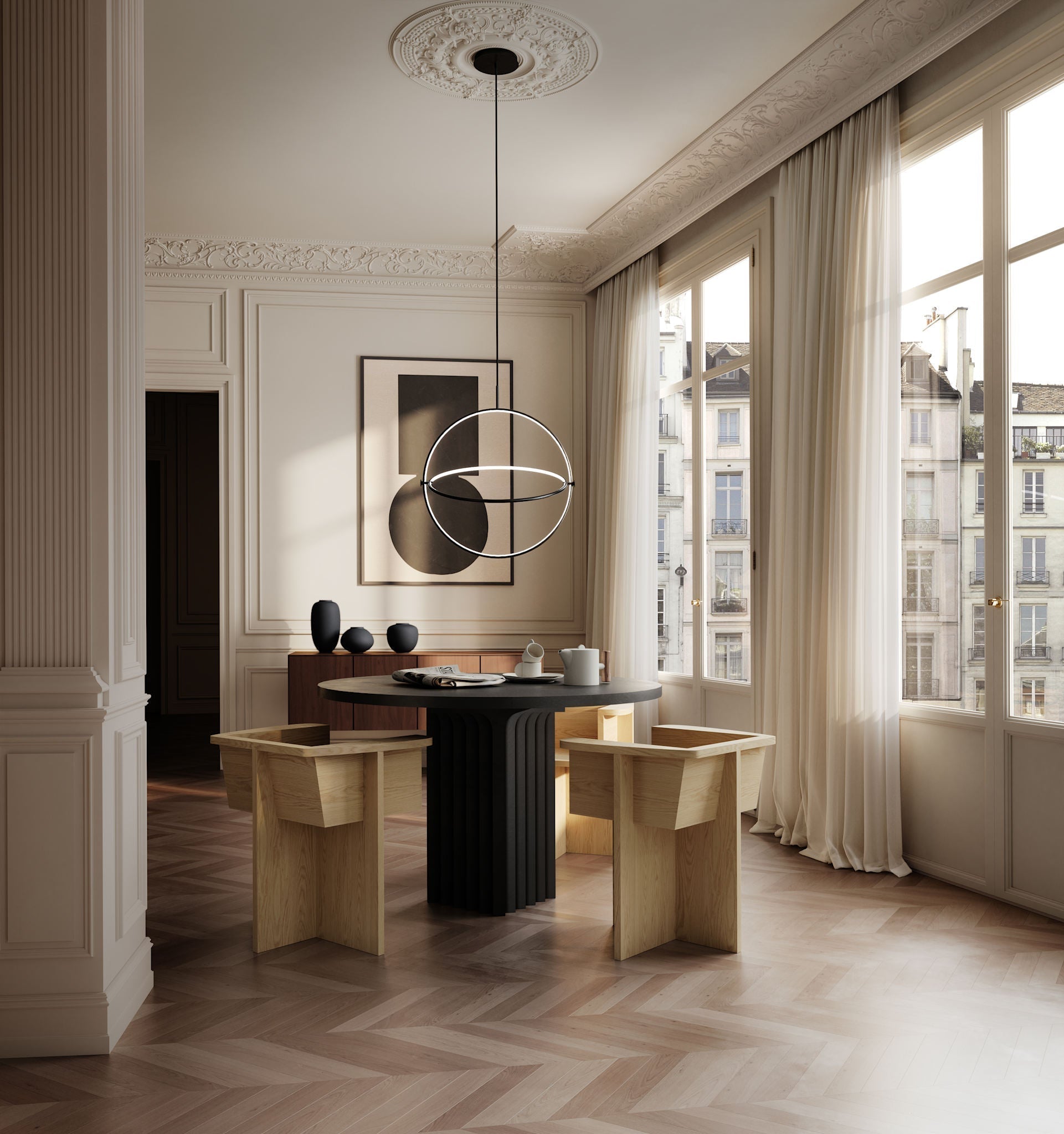 101 Copenhagen Maru pendant Burned Black Ø60, Brutus dinning chair in natural oak, Sunao vases, Native dinnerware and Arc Dinning table