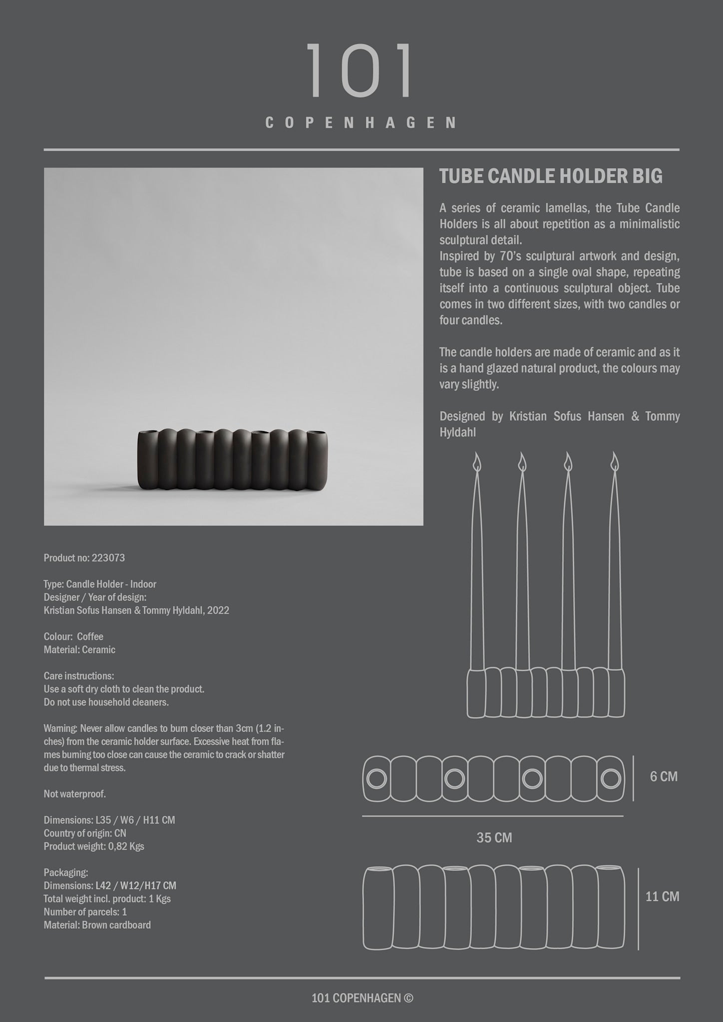 101 Copenhagen - Tube Candle Holder, Big - Coffee - Candle Holders