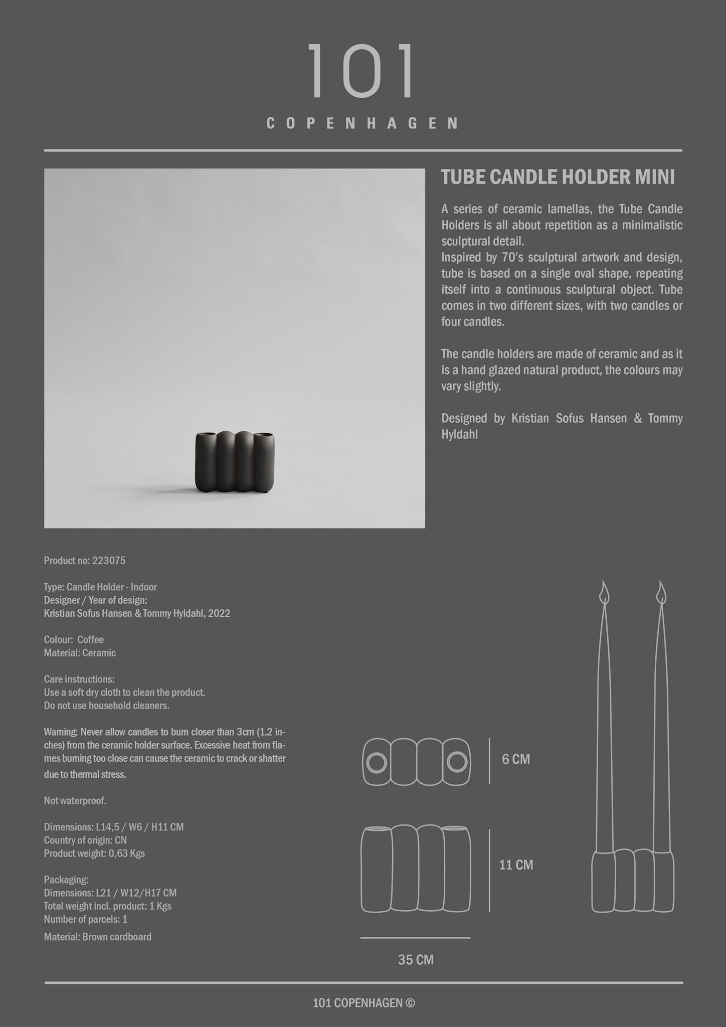 101 Copenhagen - Tube Candle Holder, Mini - Coffee - Candle Holders