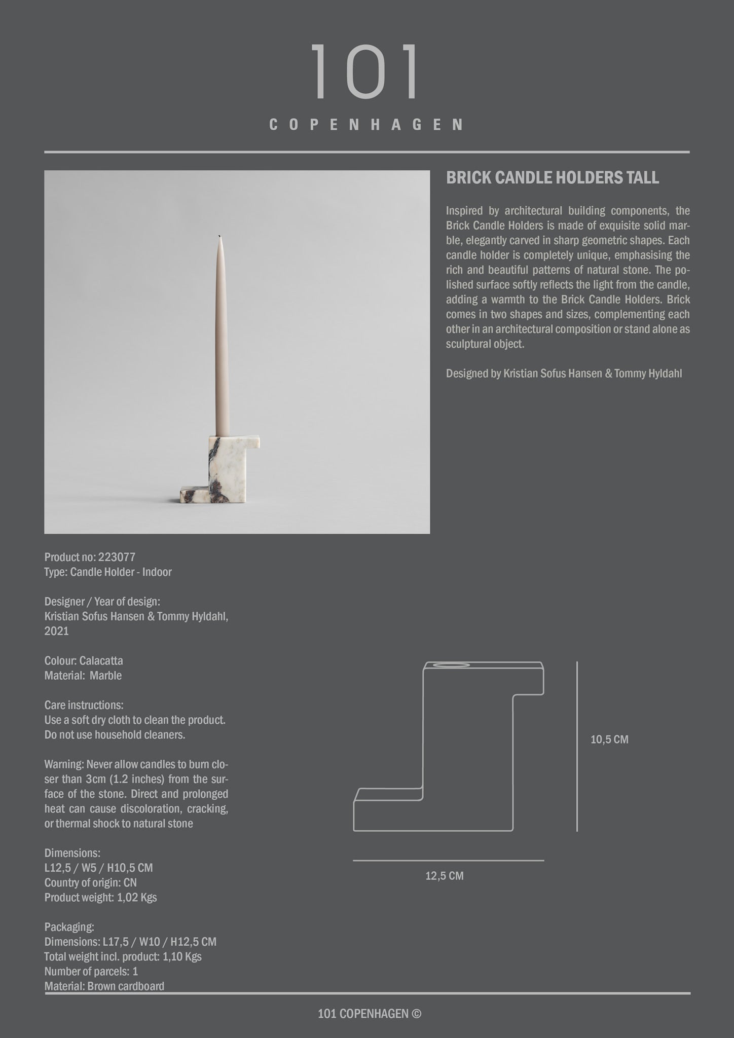 101 Copenhagen - Brick Candle Holder, Tall - Calacatta - Candle Holders
