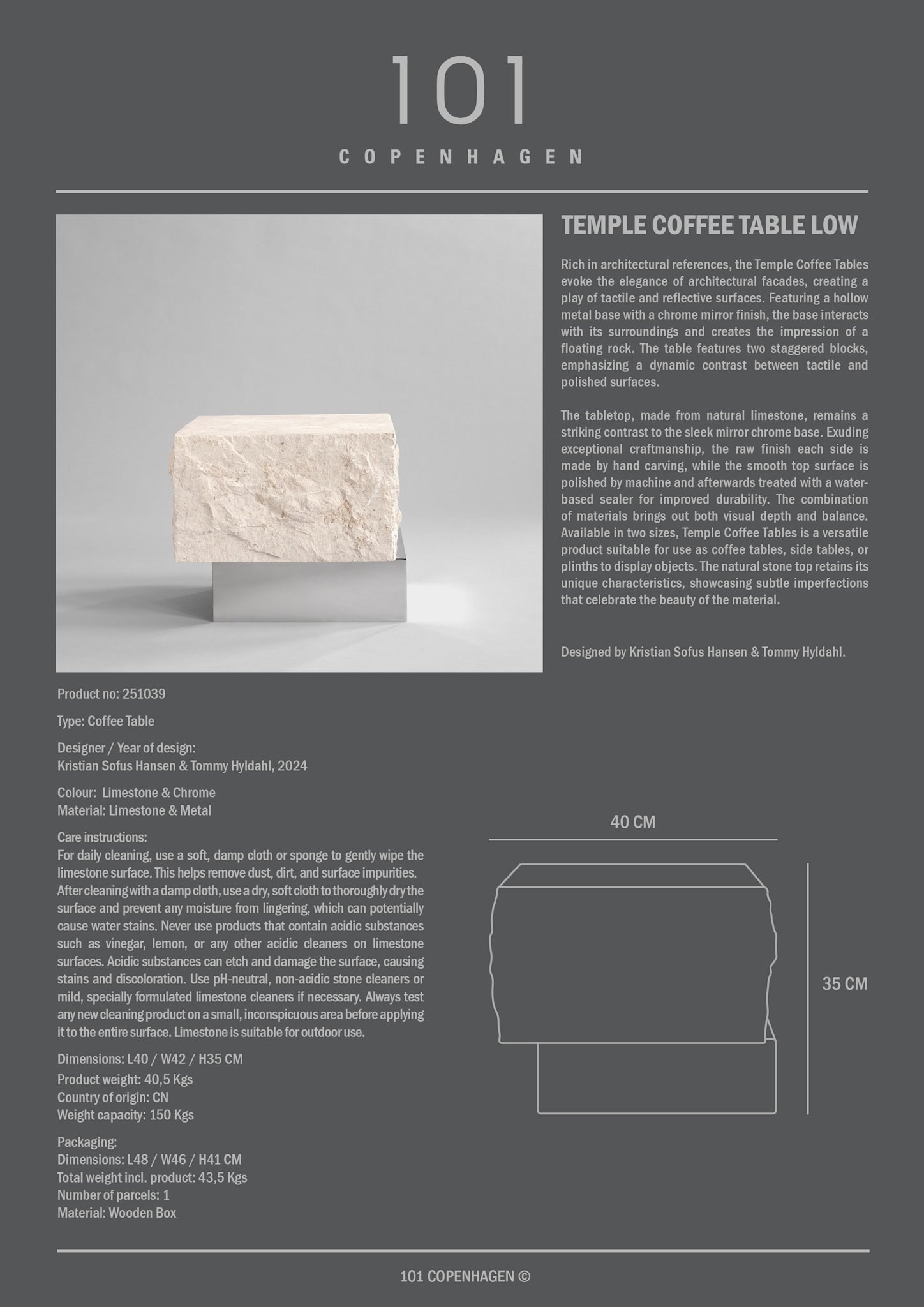 101 Copenhagen - Temple Coffee Table, Low - Chrome / Limestone - Table