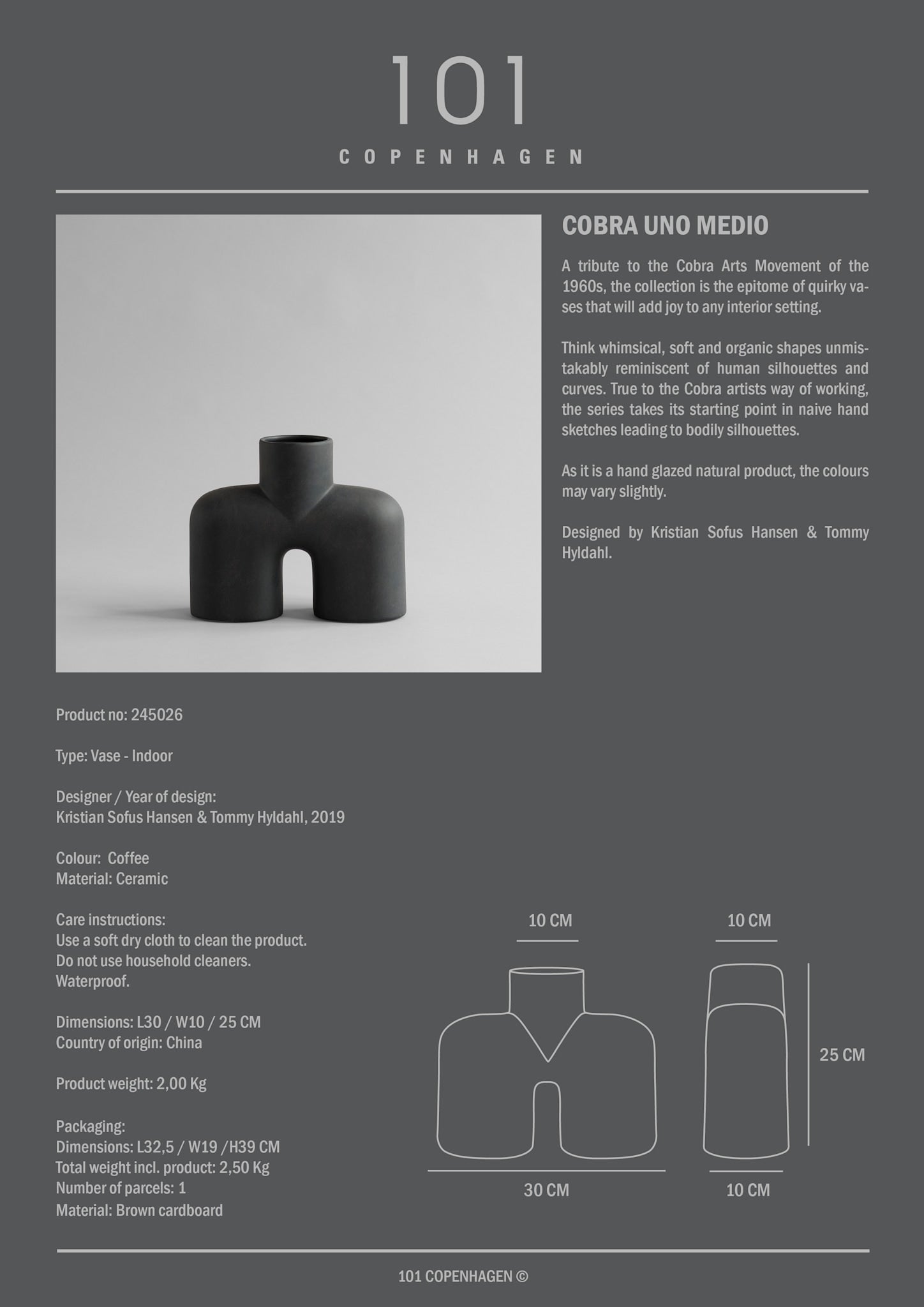 101 Copenhagen - Cobra Vase Uno, Medio - Coffee - Vase