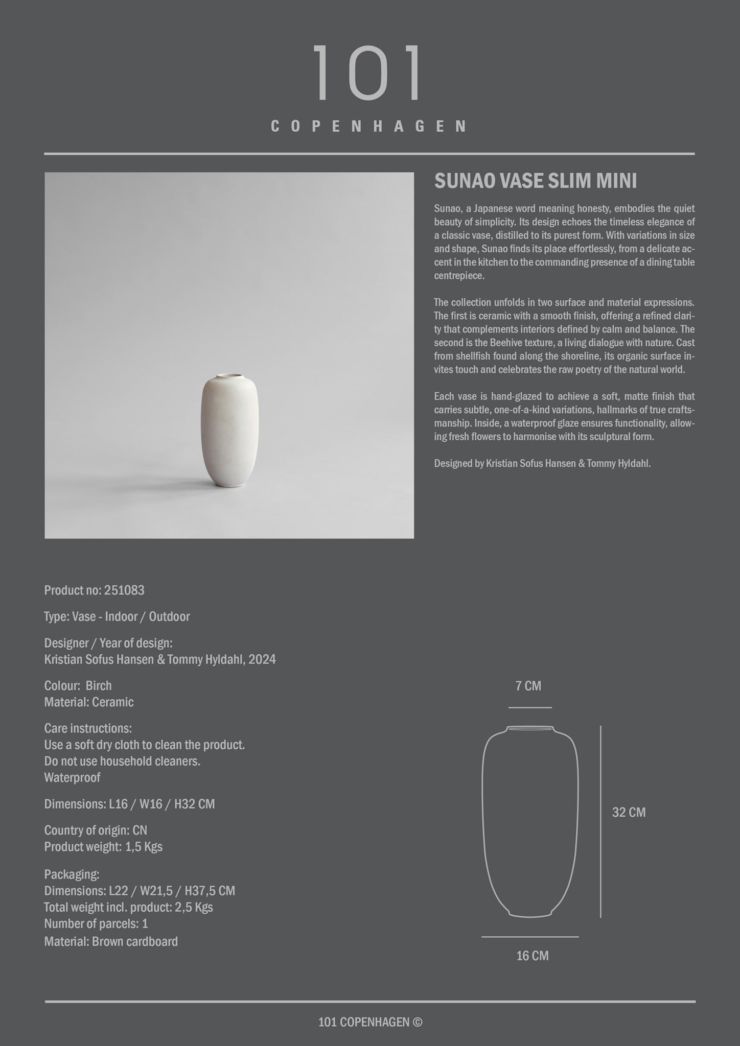101 Copenhagen - Sunao Vase Slim, Mini - Birch - Vase