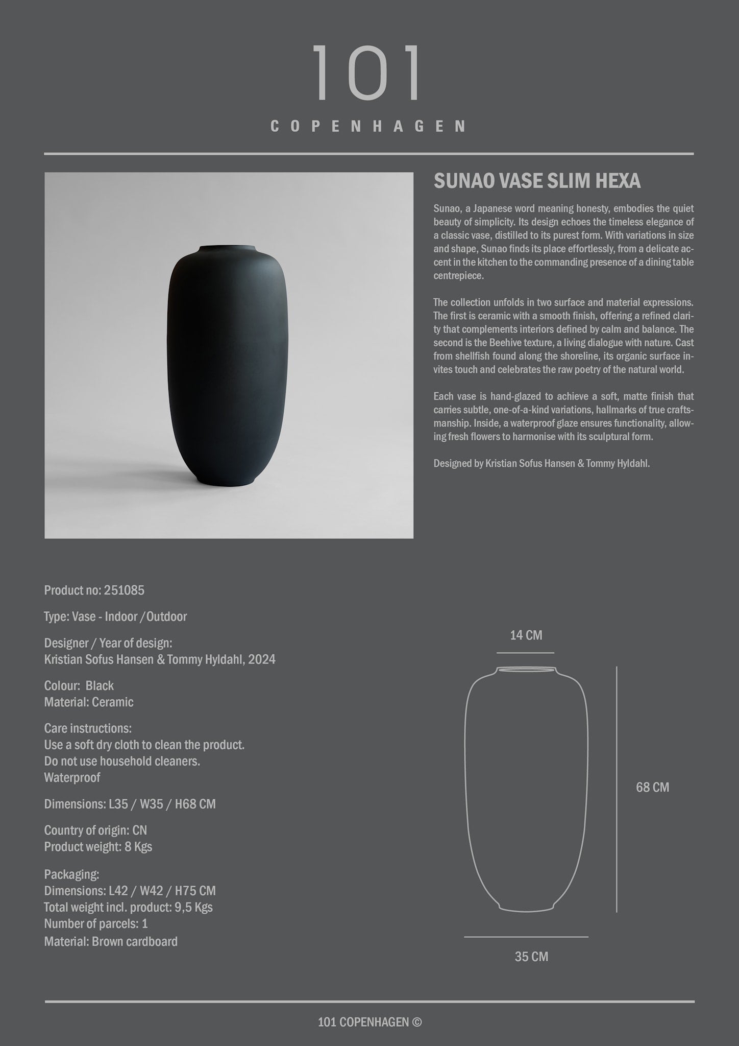 101 Copenhagen - Sunao Vase Slim, Hexa - Black - Vase