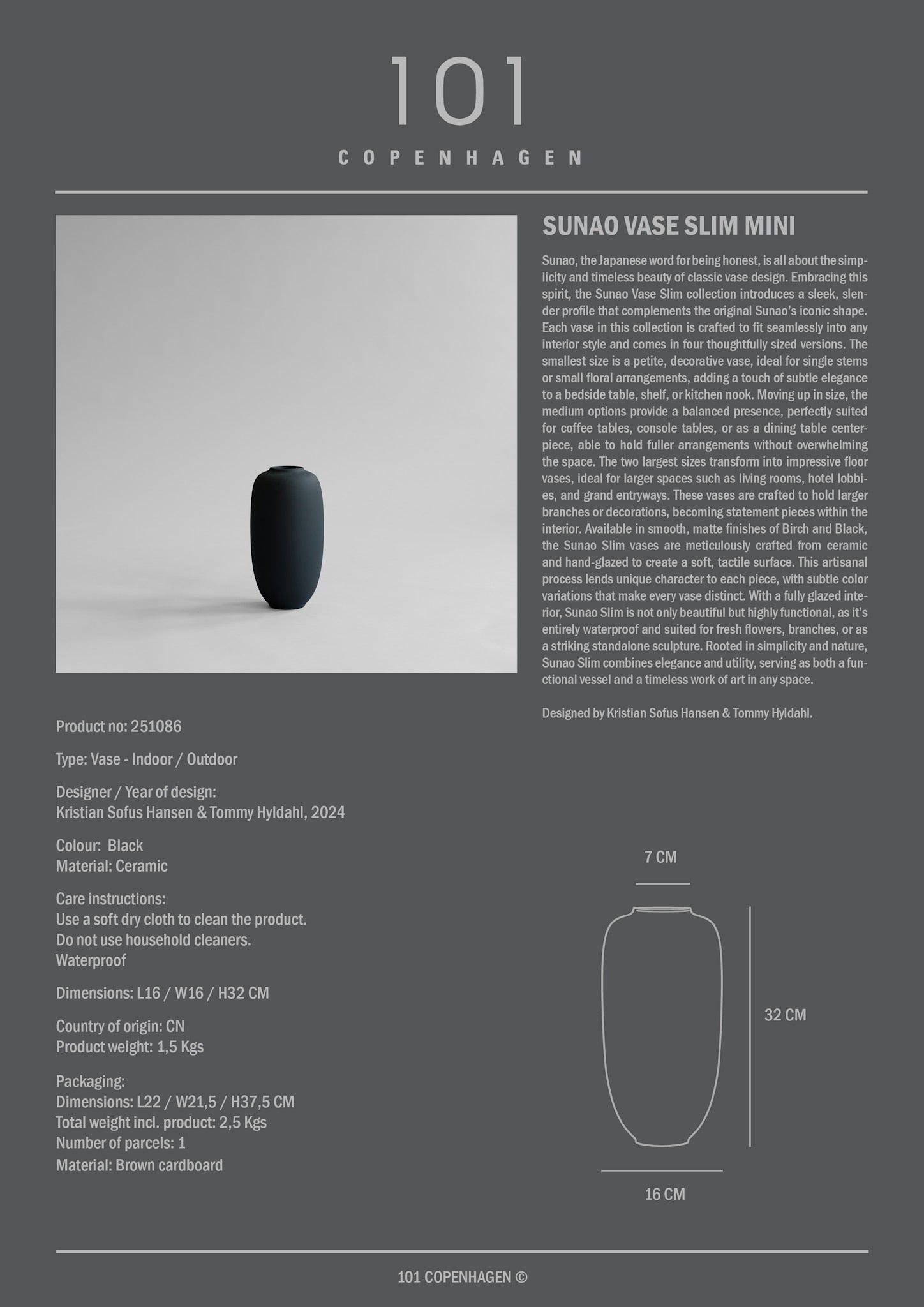 101 Copenhagen - Sunao Vase Slim, Mini - Black - Vase