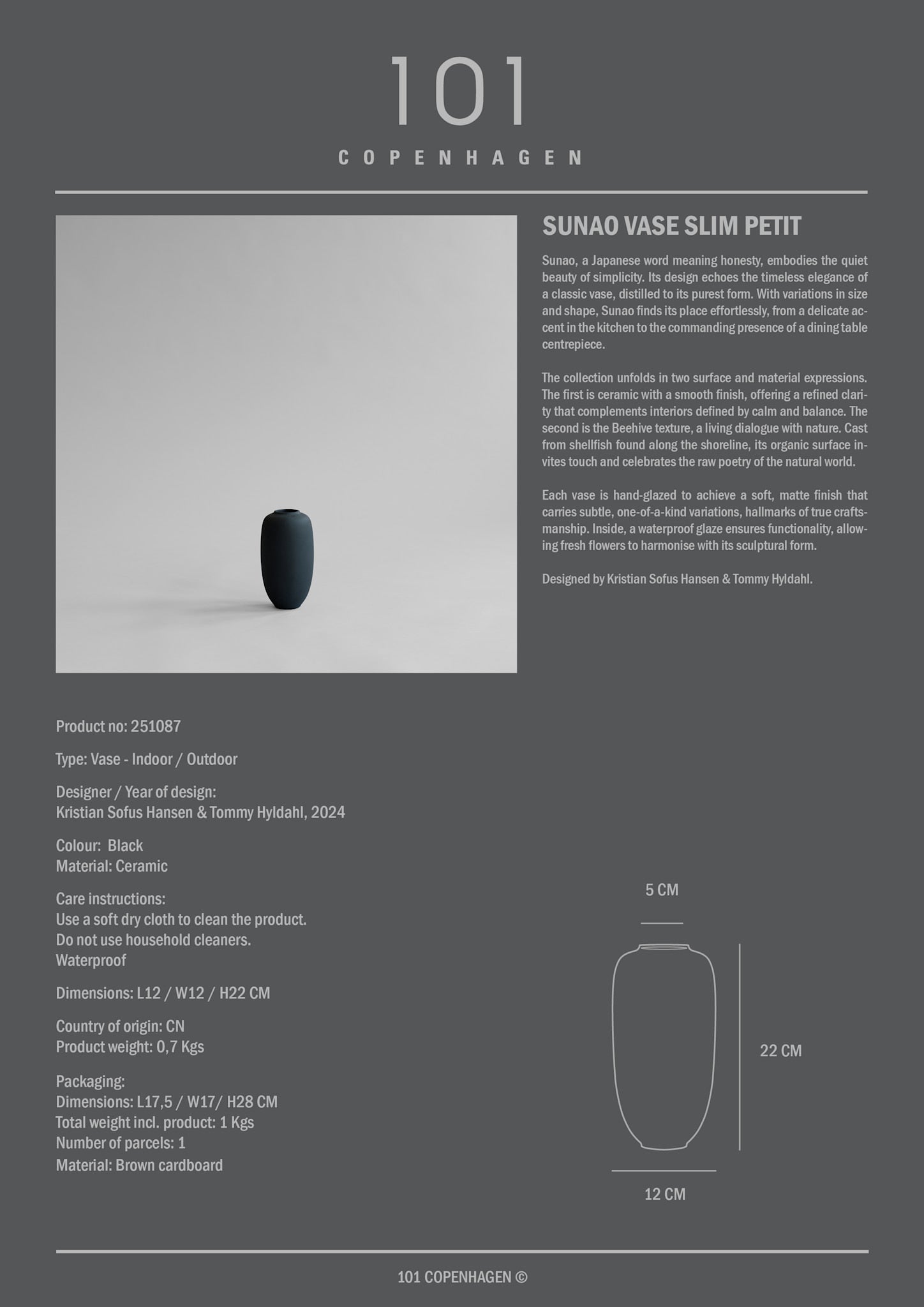 101 Copenhagen - Sunao Vase Slim, Petit - Black - Vase