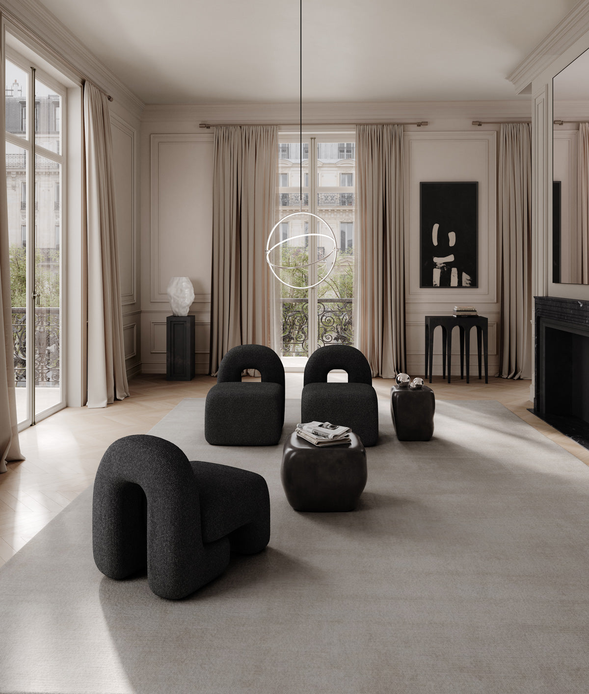 101 Copenhagen Daiku Lounge Chair Maru pendant, Ishi coffee tables, Bow console, Katachi Vase