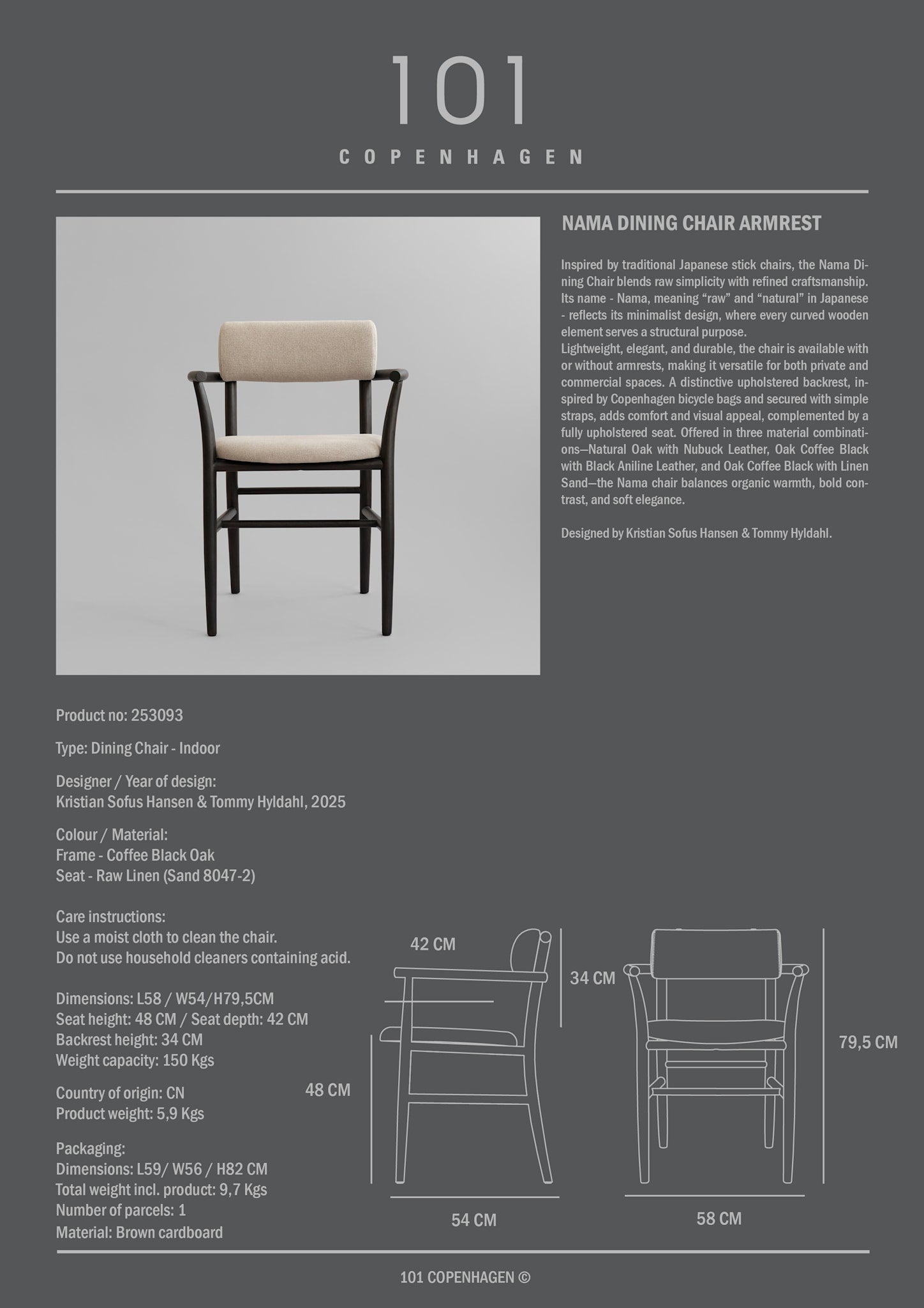 101 Copenhagen - Nama Dining Chair, Armrest - Coffee Black, Linen - Dining Chair