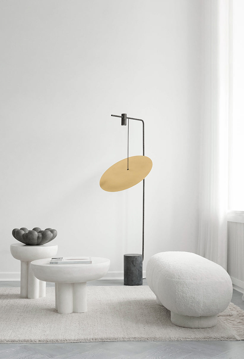 101 Copenhagen The moon Floor Lamp with big foot bench, Crown tables and Bloom Tray