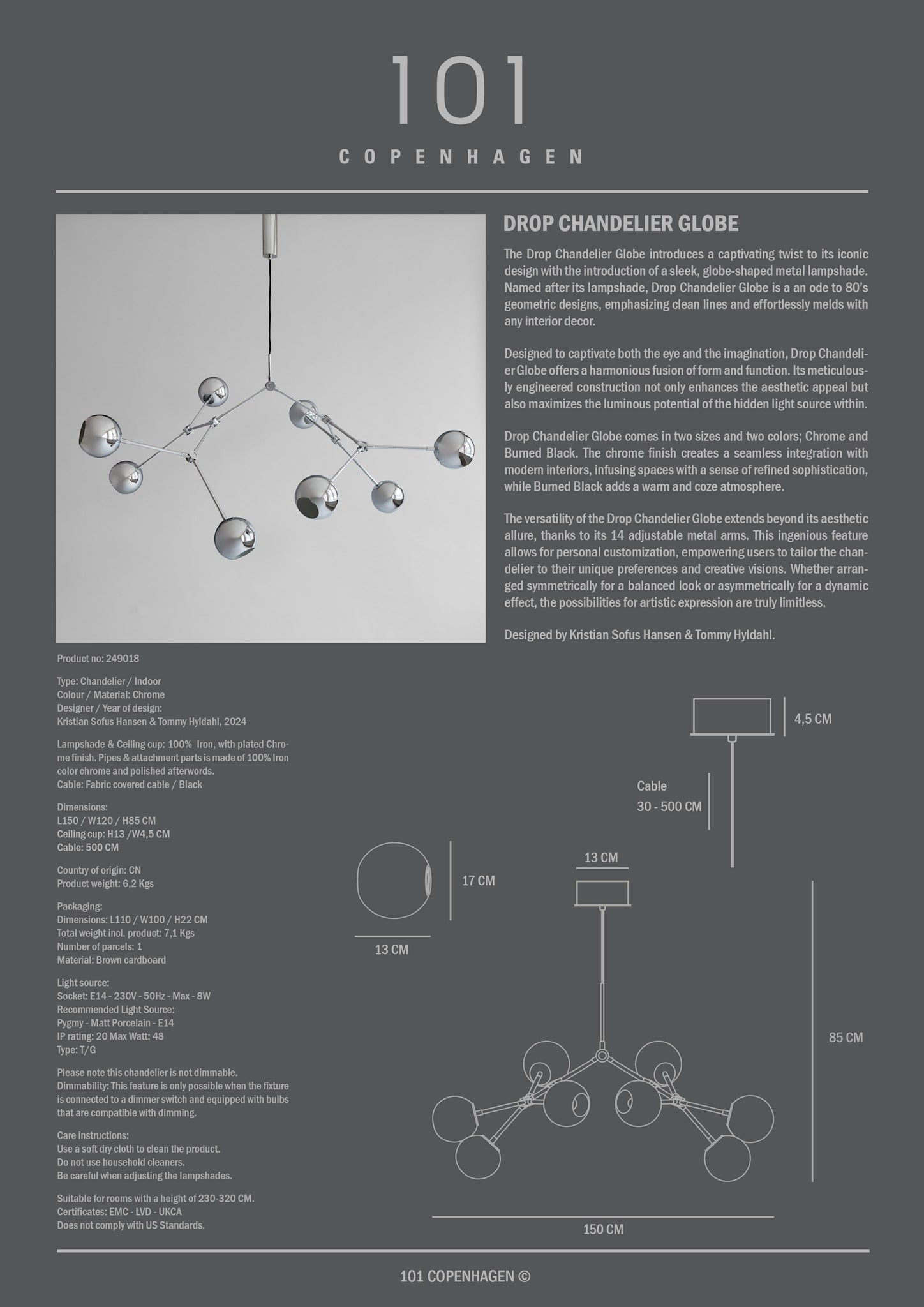 101 Copenhagen - Drop Chandelier Globe - Chrome (5m) - Chandelier