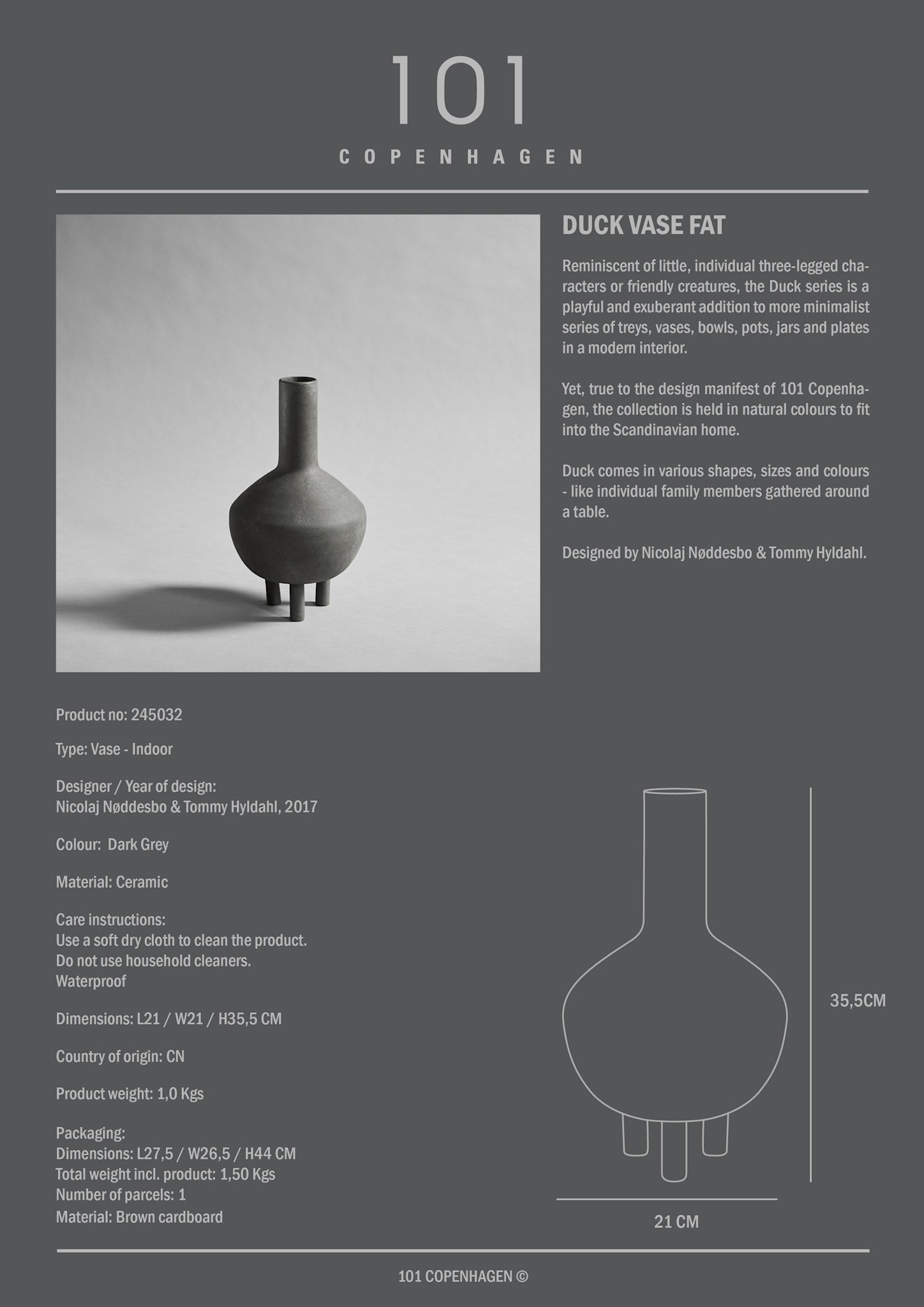 101 Copenhagen - Duck Vase, Fat - Dark Grey - Vase