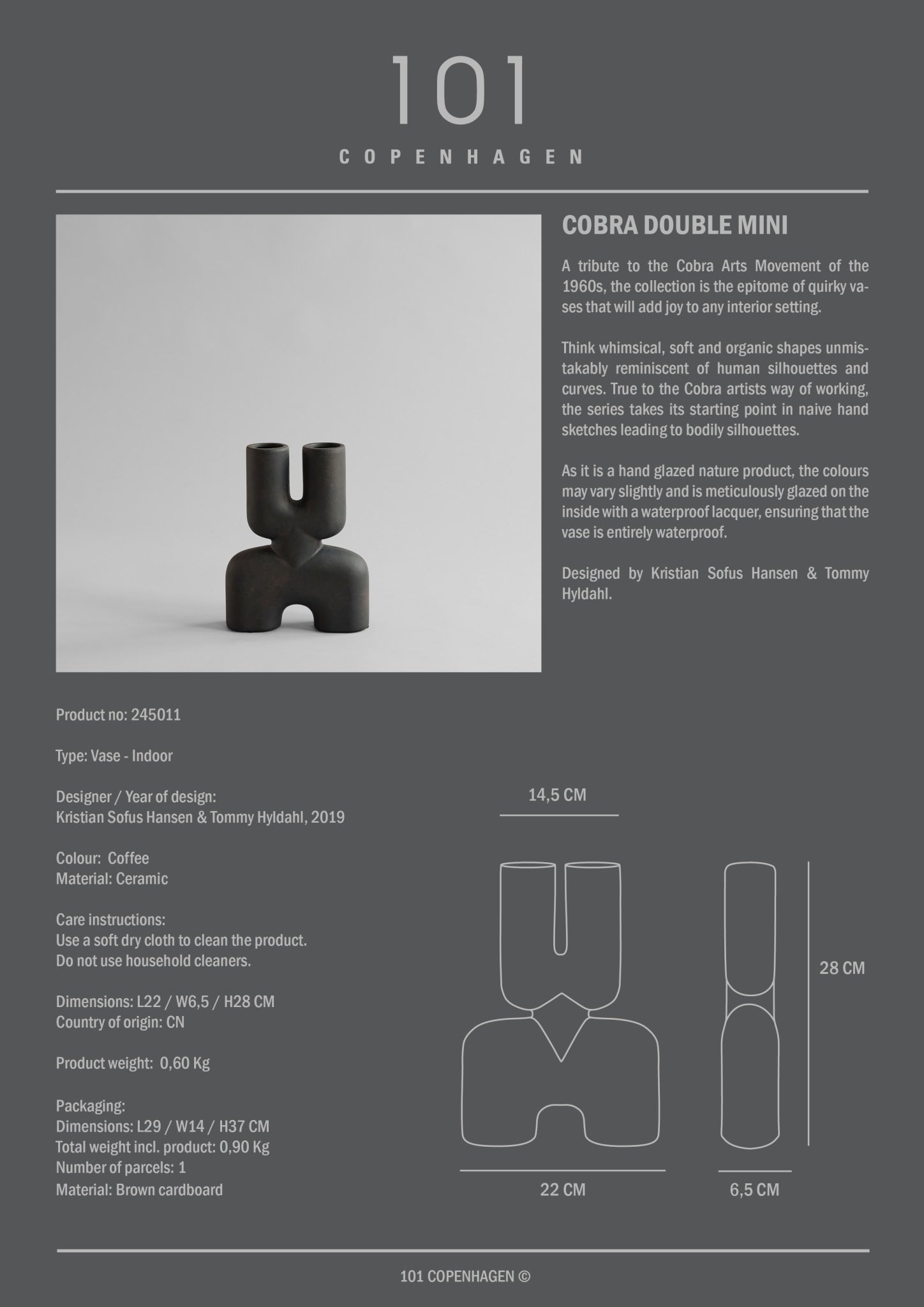 101 Copenhagen - Cobra Vase Double, Mini - Coffee - Vase
