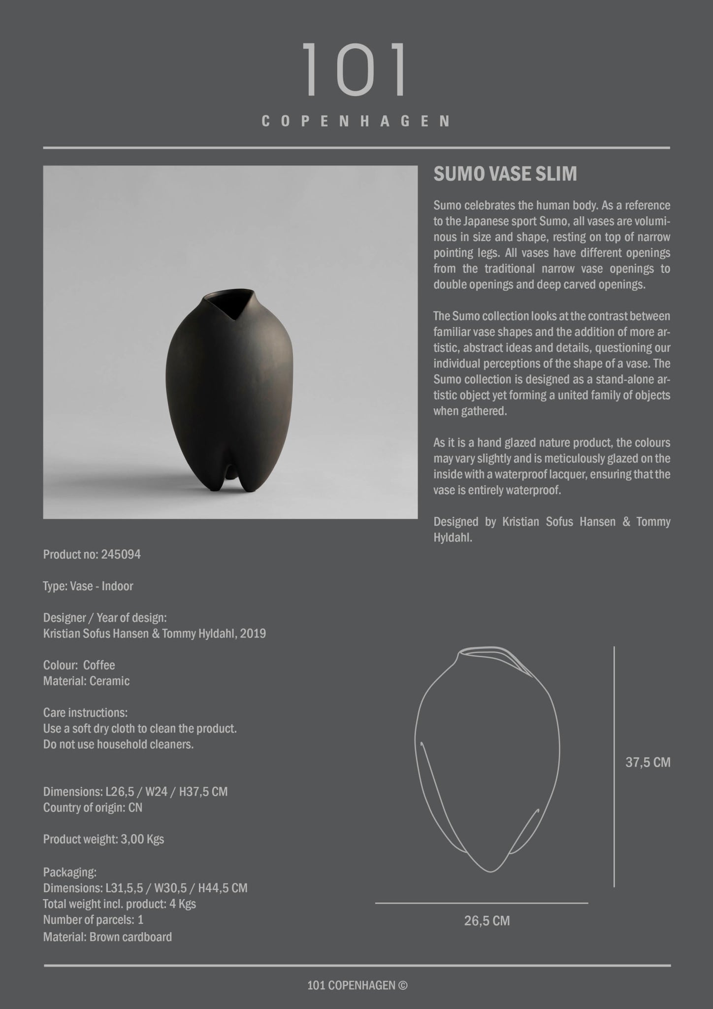 101 Copenhagen - Sumo Vase, Slim - Coffee - Vase