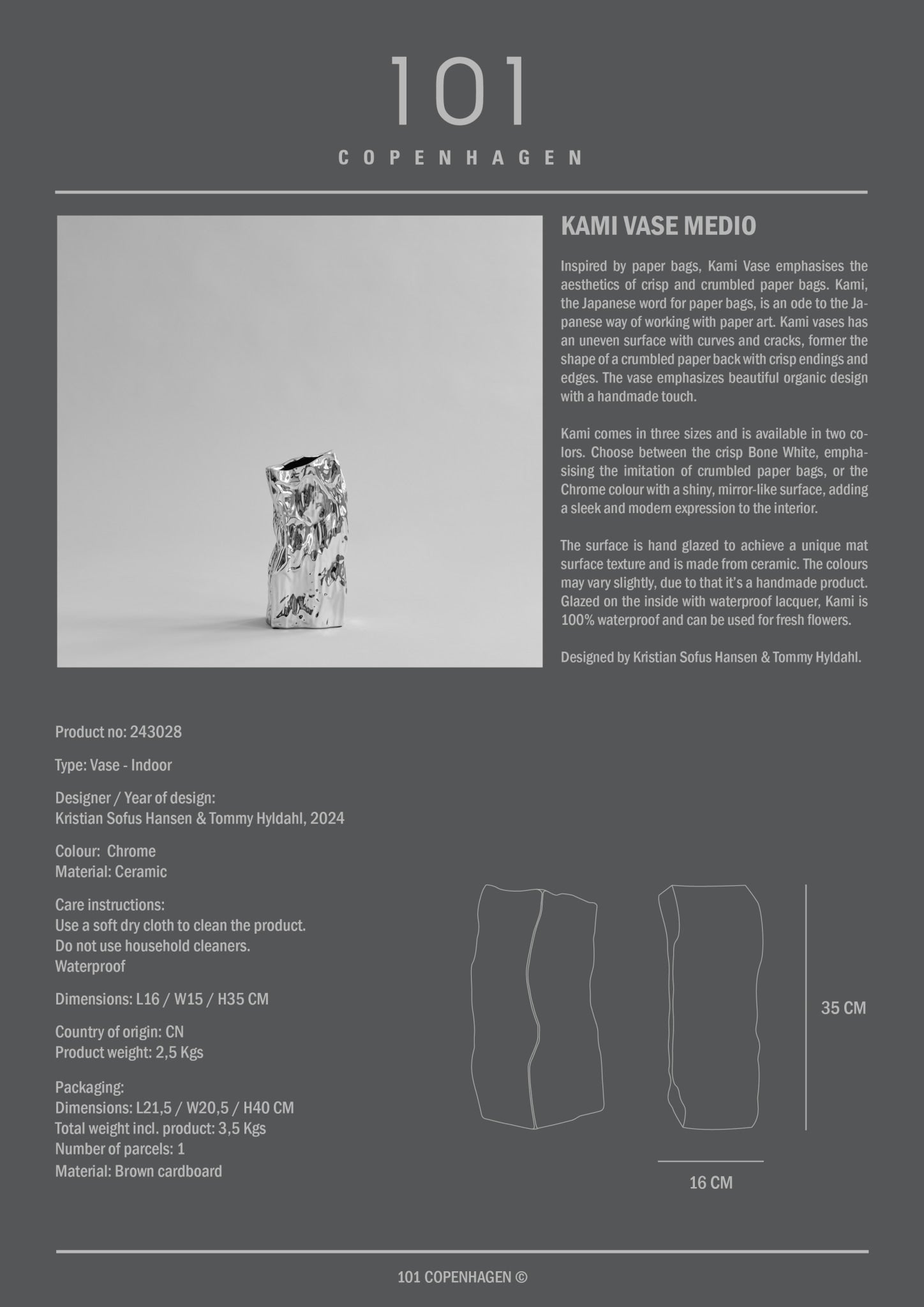 101 Copenhagen - Kami Vase, Medio - Chrome - Vase