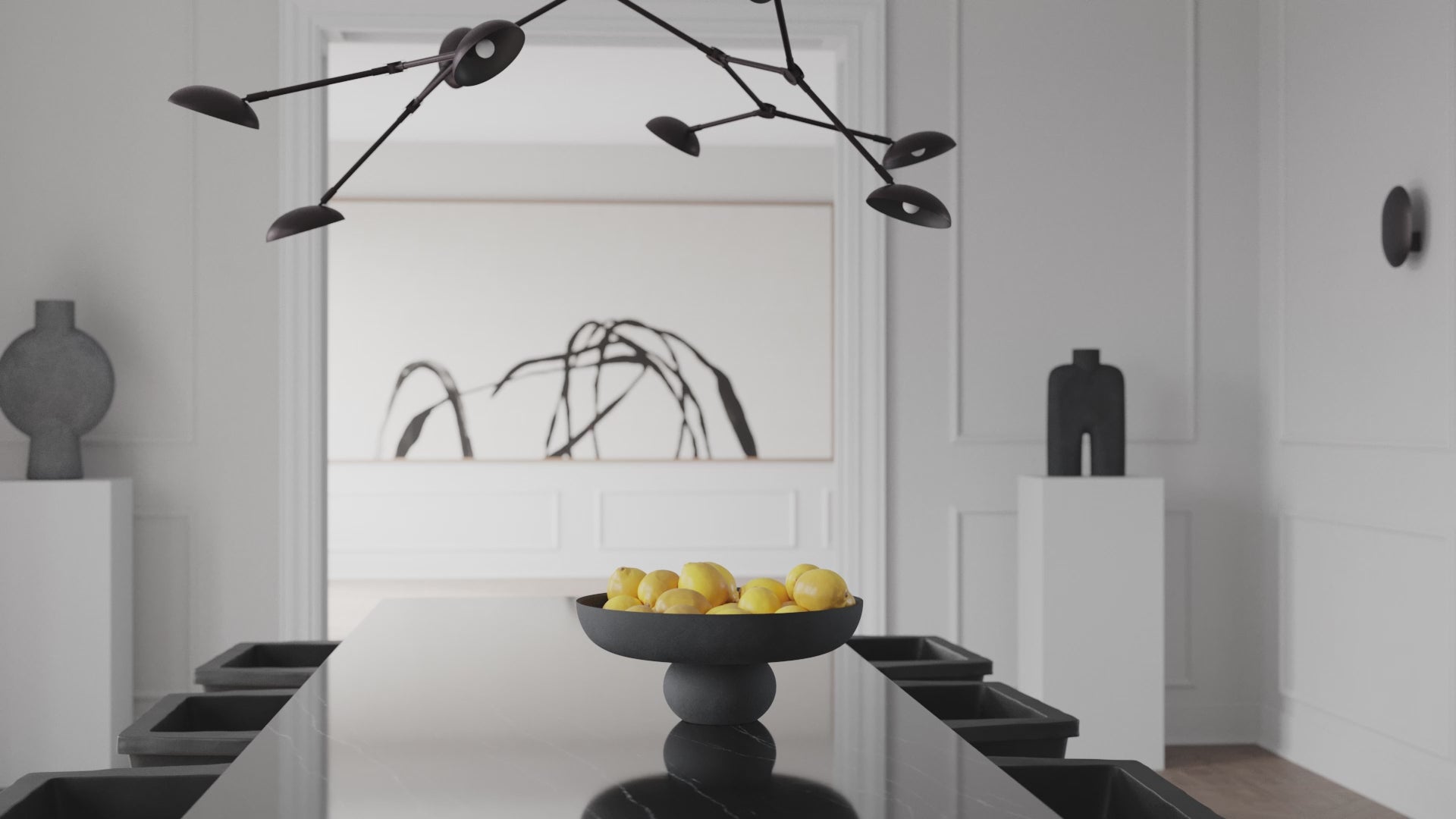 Dinning room with 101 Copenhagen lamps, chairs, and vases