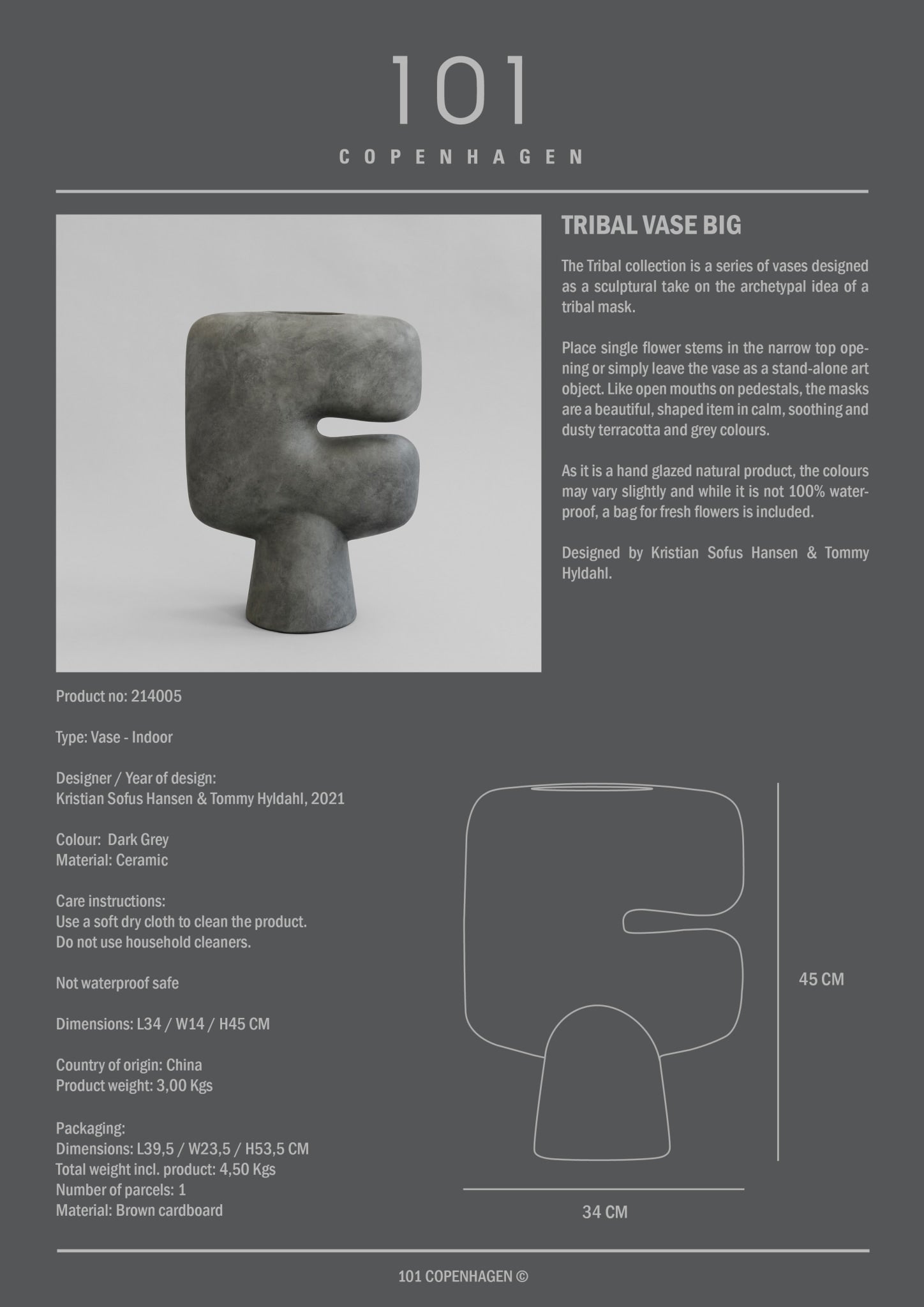 101 Copenhagen - Tribal Vase, Big - Dark Grey - Vase