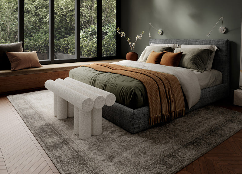 Hiro Bench in Bedroom with Snake wall lamps and Sunao vase