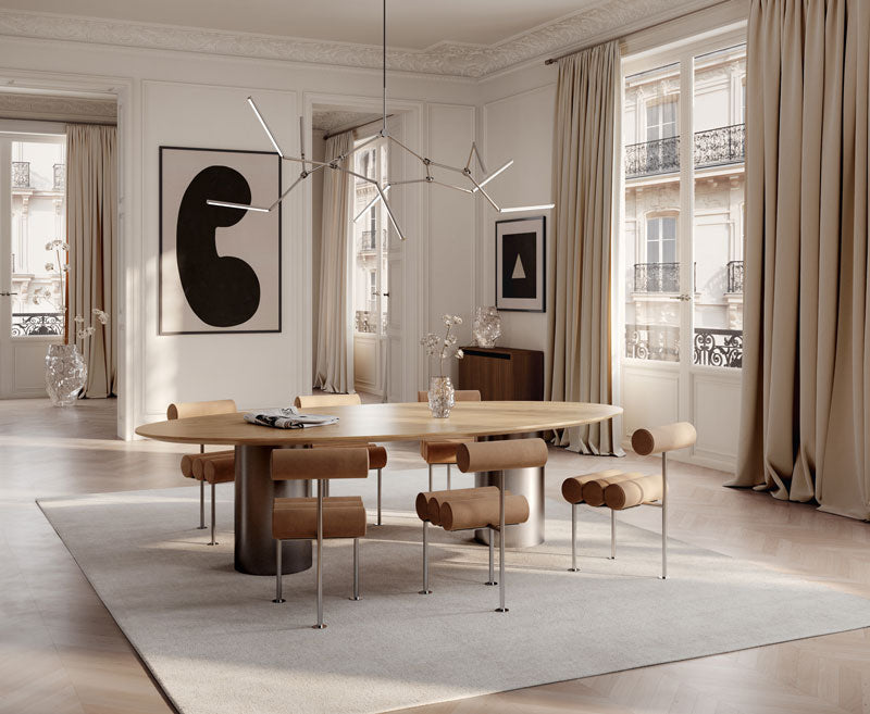 101 Copenhagen Hiro Dining chair linen katachi vase and stick chandelier