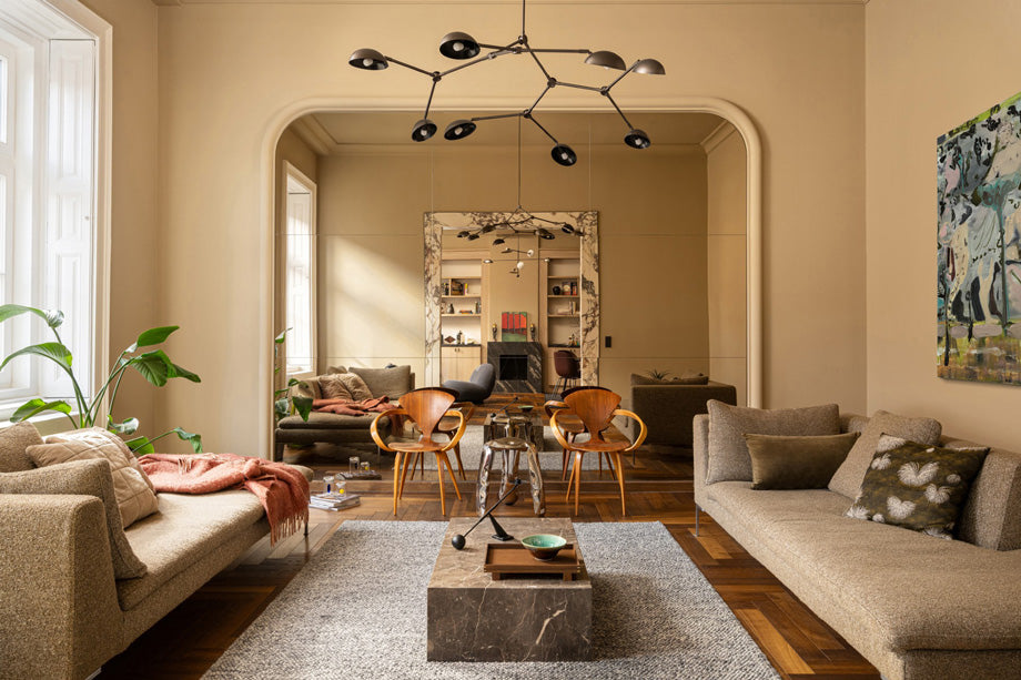 Livingroom in Budapest apartment with Drop chandelier and Shan Chandelier from 101 Copenhagen 