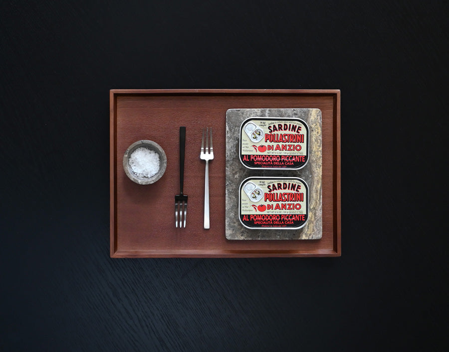 Enkei Salt bowl and reqtangular tray with Kogei forks and sardines