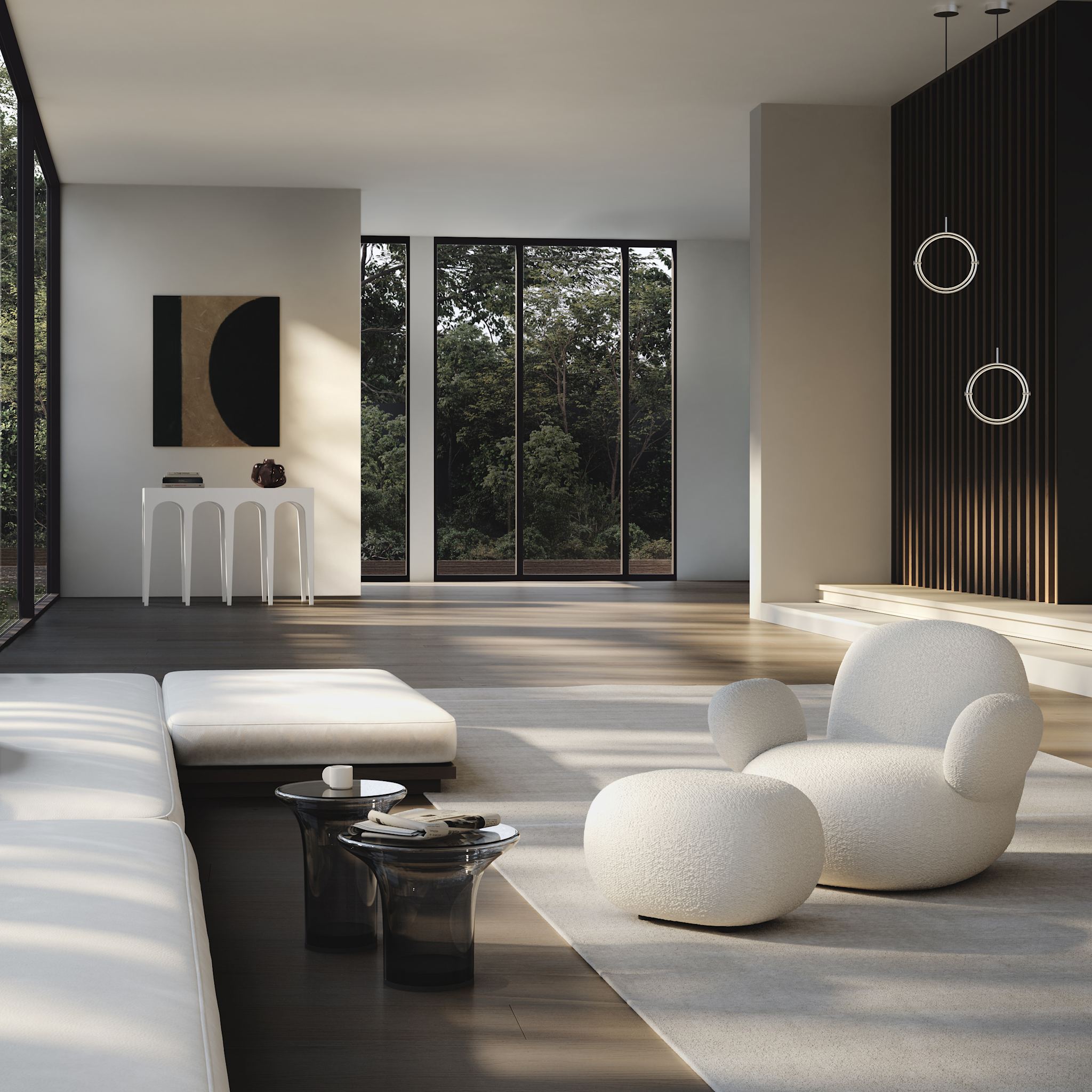 Maru_pendants, Toe armchair, ottoman, trumpet glass tables, bow console wabi vase, and native cup