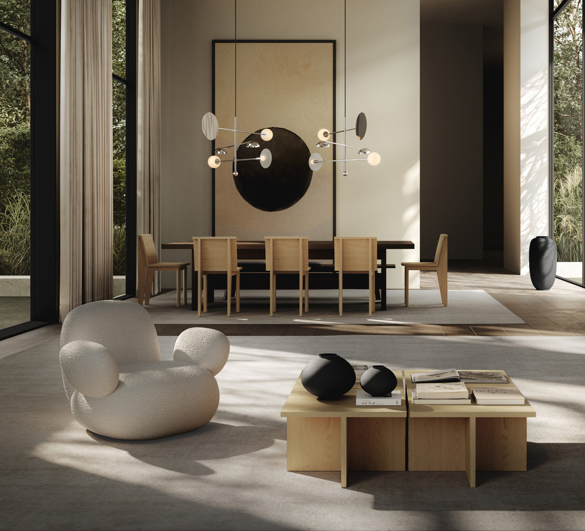 101 Copenhagen Sahn Chandeliers in Chrome, Toe flat armchair. Sunao vases and Brutus coffee tables and Slim dinning chair in Oak.