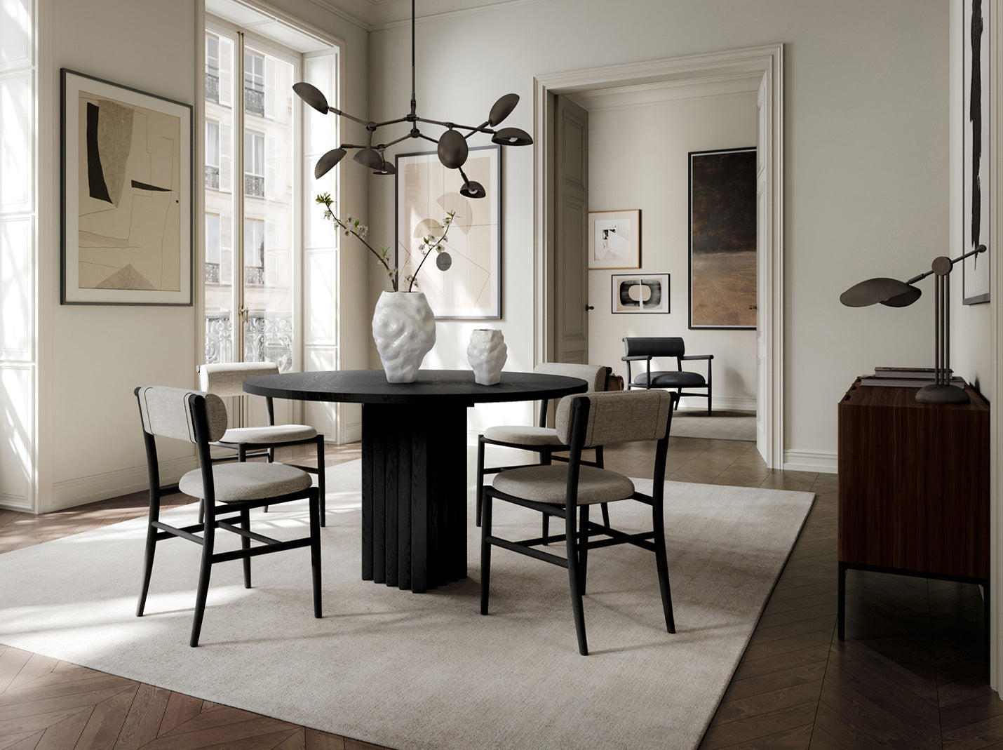 101 Copenhagen Dining table, Katachi vases and Nama dining chairs