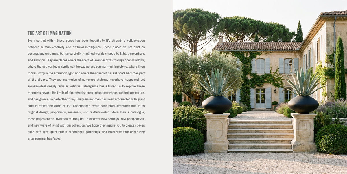 A two-column design layout with text on the left reading 'The art of imagination' and a photograph on the right showing a sunlit villa with terracotta roofs, large potted agaves in Sunao plant pots, and a gravel pathway.