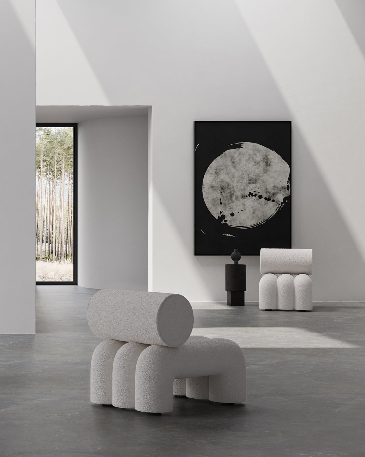 101 Copenhagen Foku Chair in White Boucle pillar, and Sphere vase