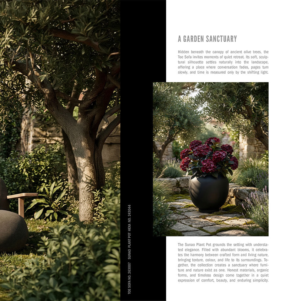 A magazine-style interior design spread featuring a garden scene with olive trees, a stone bench, and a Sunao plant pot with deep burgundy flowers. Text columns read 'A garden sanctuary' and describe the space.