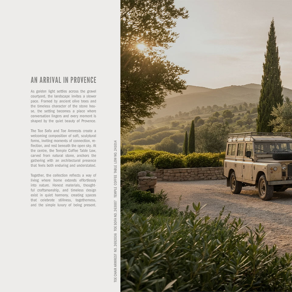 A split-page design layout with a left text panel reading 'An Arrival in Provence' and a right scenic photo panel showing a vintage station wagon parked on a gravel road beside trees and hills.