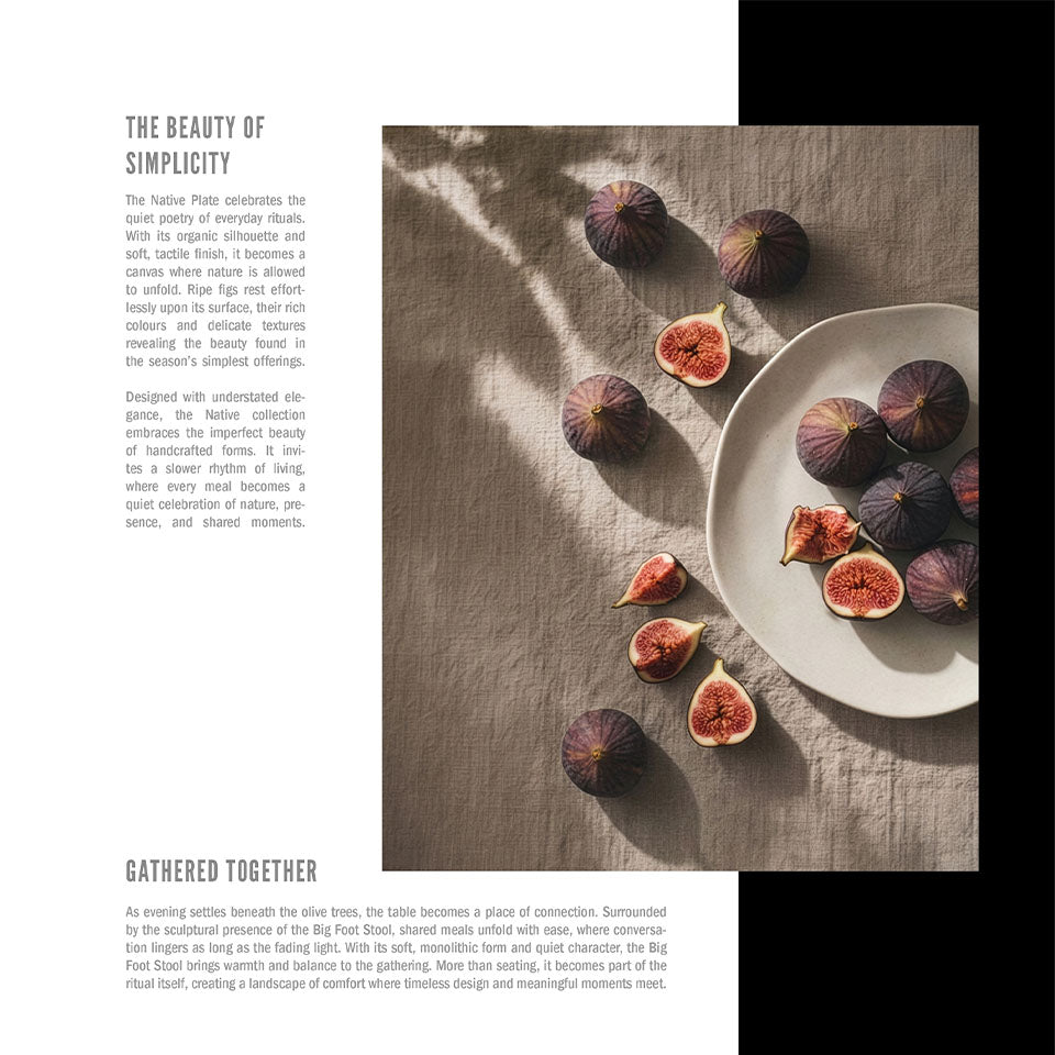 A styled editorial product photo showing sliced figs arranged on a Native plate over a textured beige fabric surface, with printed text columns around it. 