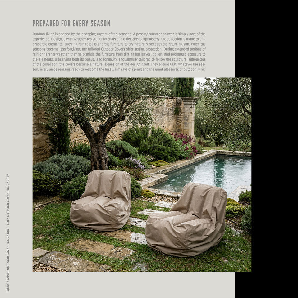 Outdoor patio scene with two large covered lounge chairs beside a stone pool, surrounded by trees and landscaping. A printed marketing text block appears at the top left on a white page background.