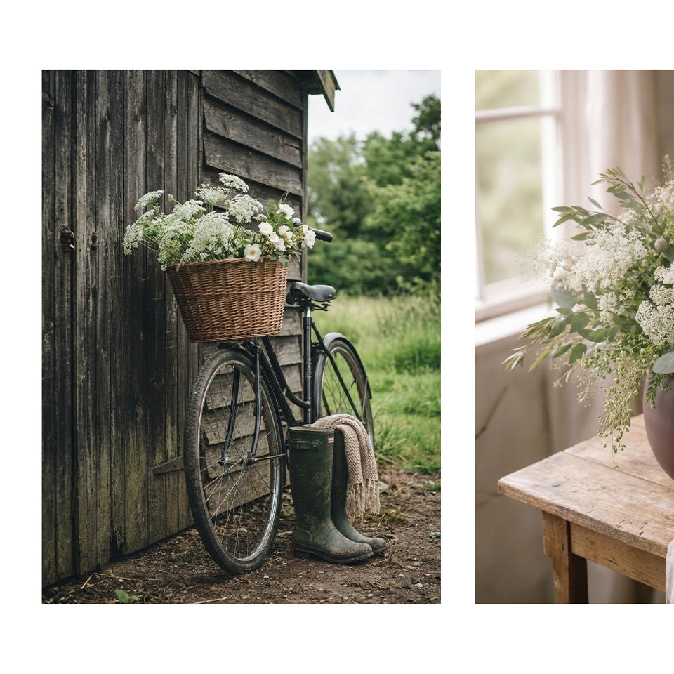 A rustic lifestyle scene split into two panels: on the left, a vintage bicycle leans against a weathered wooden barn with a wicker basket overflowing with white flowers, and dark green rain boots at the bottom; on the right, a close-up of the same flower arrangement resting on a wooden table by a window.
