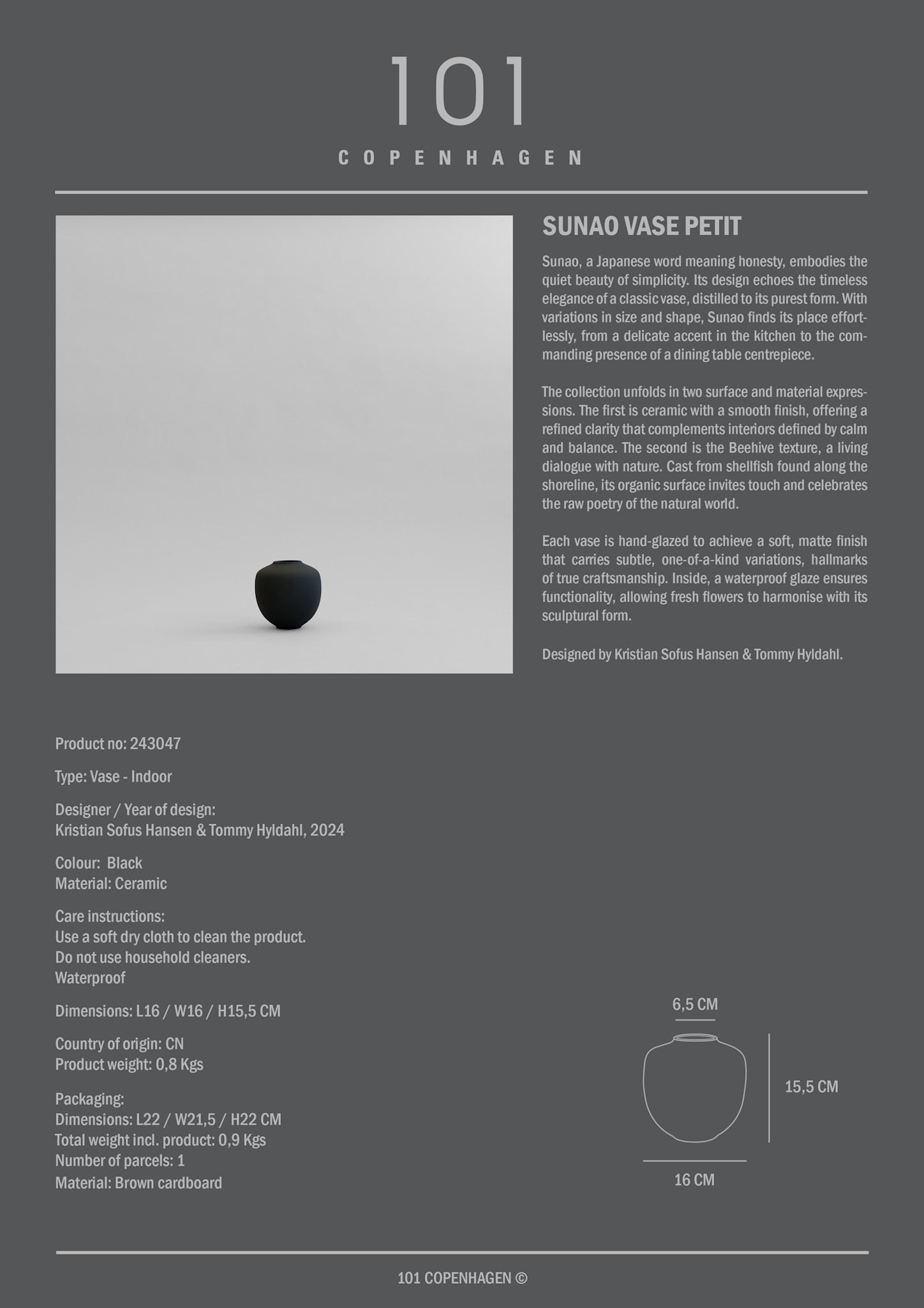 101 Copenhagen - Sunao Vase, Petit - Black - Vase