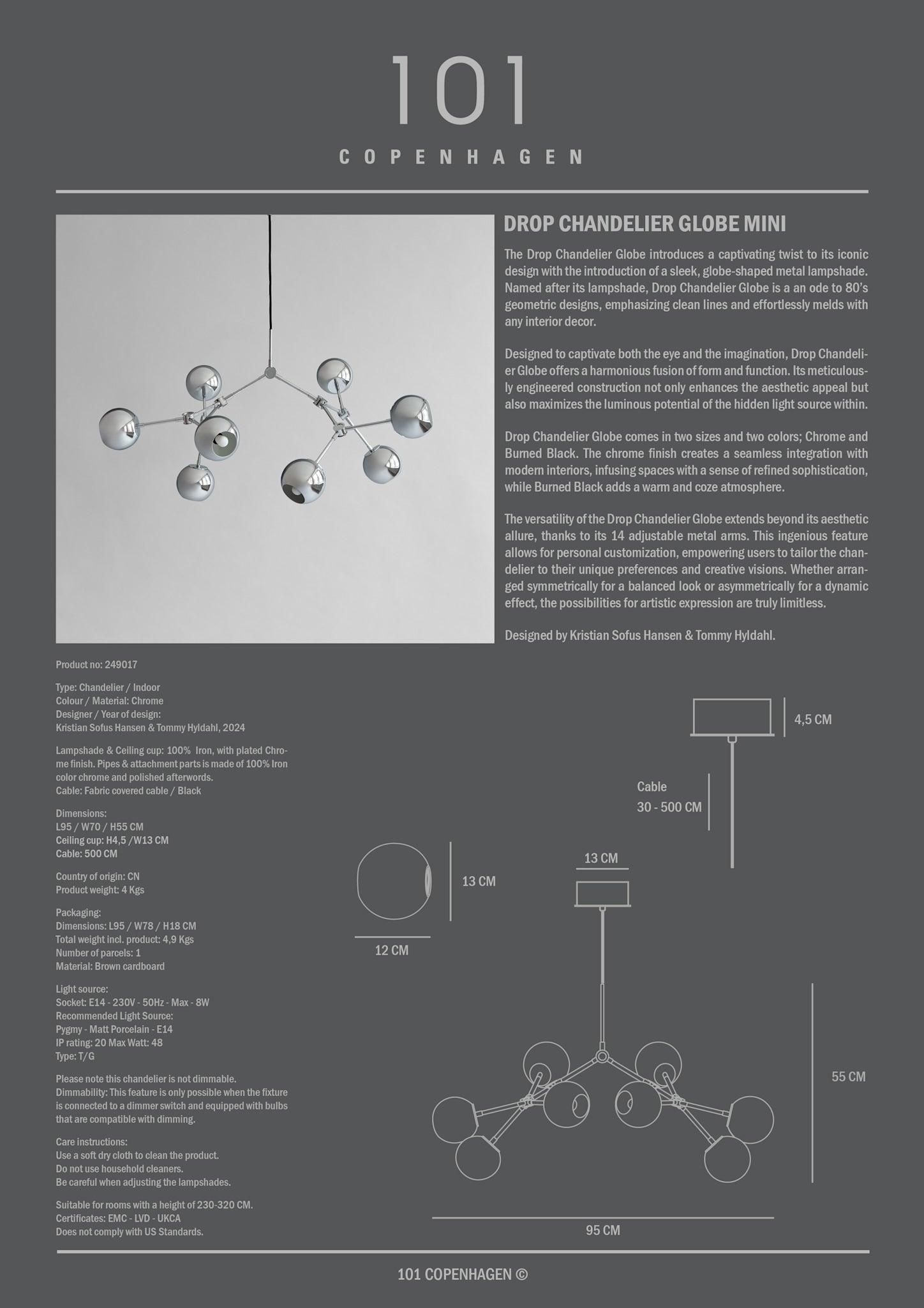 101 Copenhagen - Drop Chandelier Globe, Mini - Chrome (5m) - Chandelier