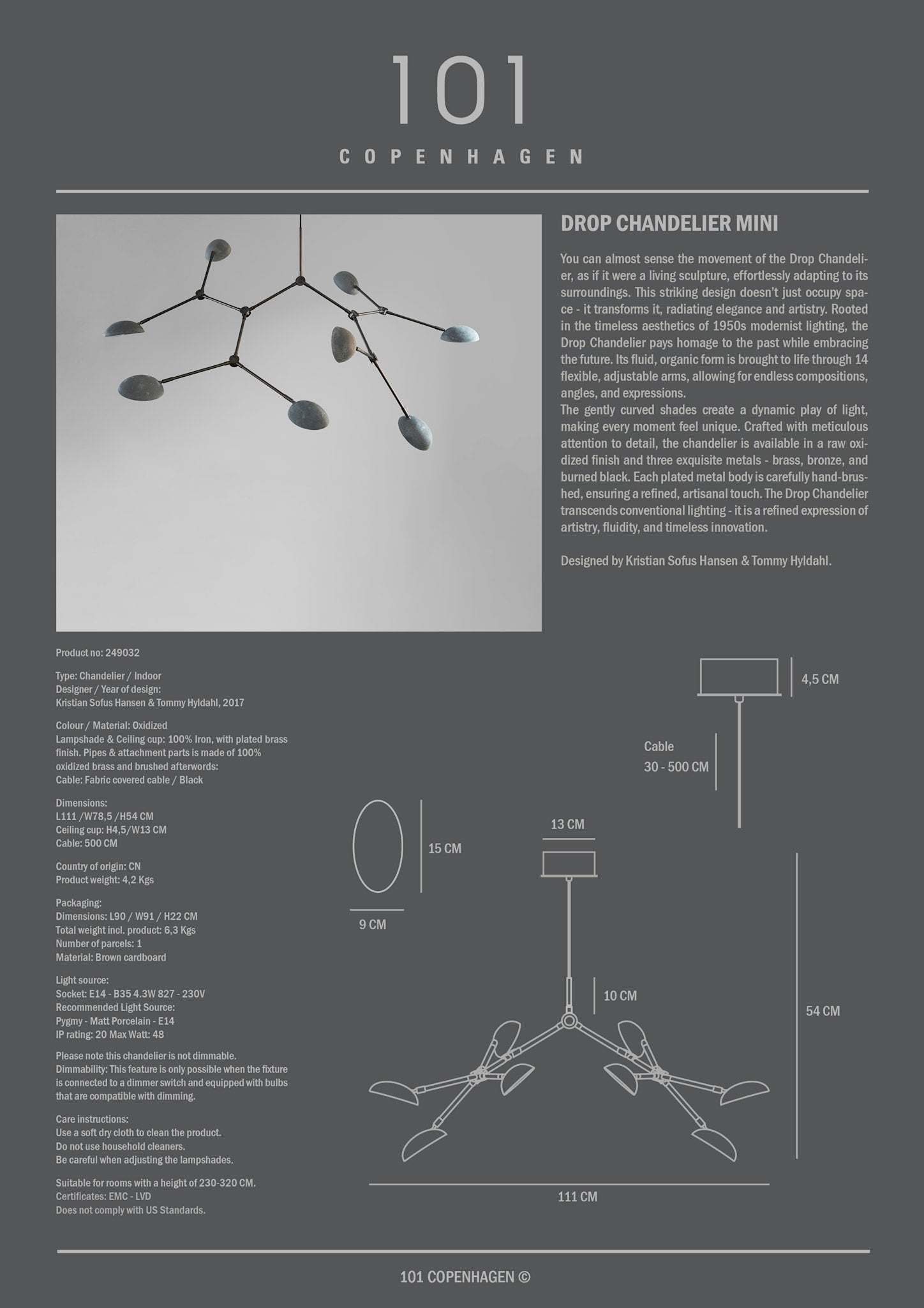 101 Copenhagen - Drop Chandelier, Mini - Oxidized (5m) - Chandelier