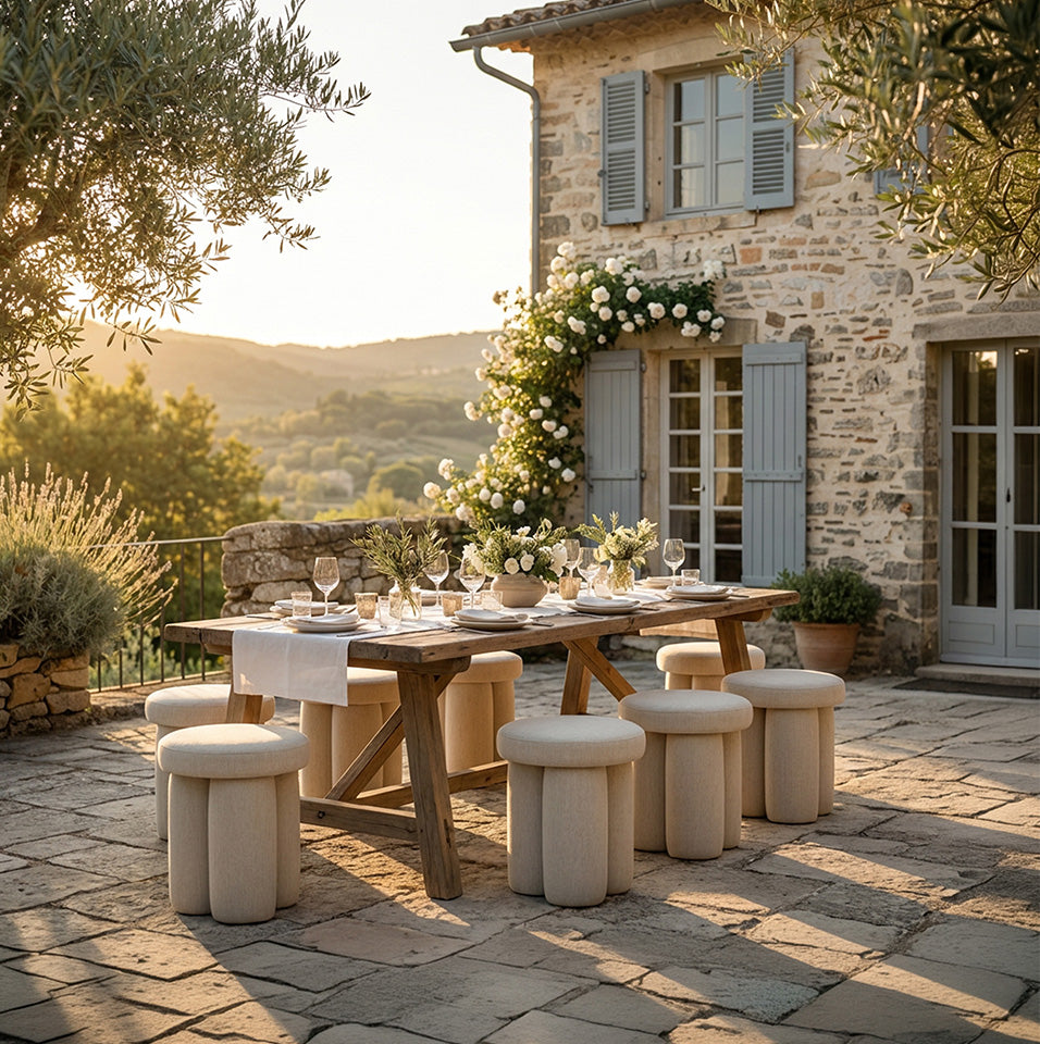 Outdoor dining setup on a stone patio in front of a rustic stone house, featuring a wooden table set with Native plates and glasses surrounded by round beige upholstered Big Foot stools, with hills and trees in the background.