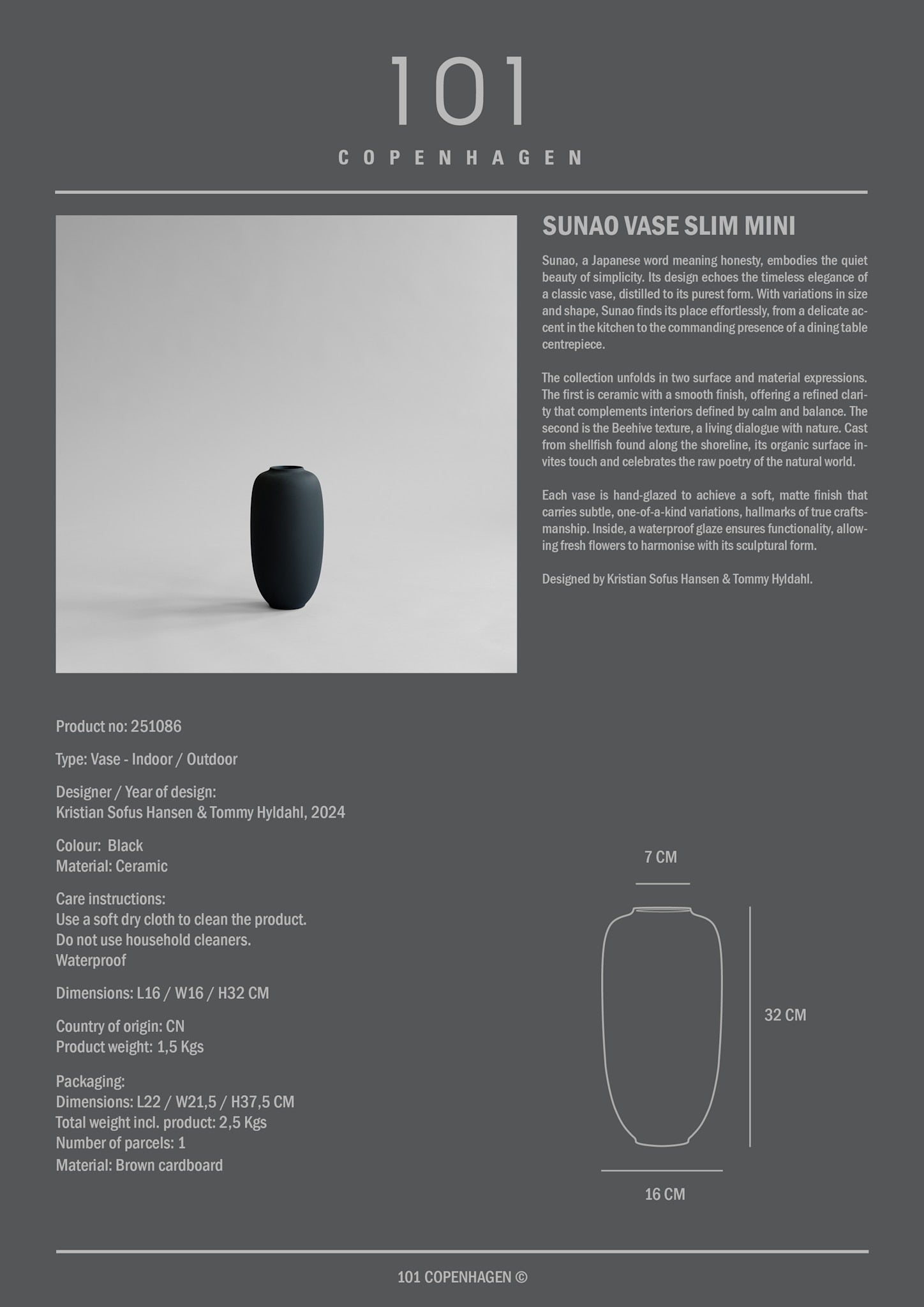 101 Copenhagen - Sunao Vase Slim, Mini - Black - Vase