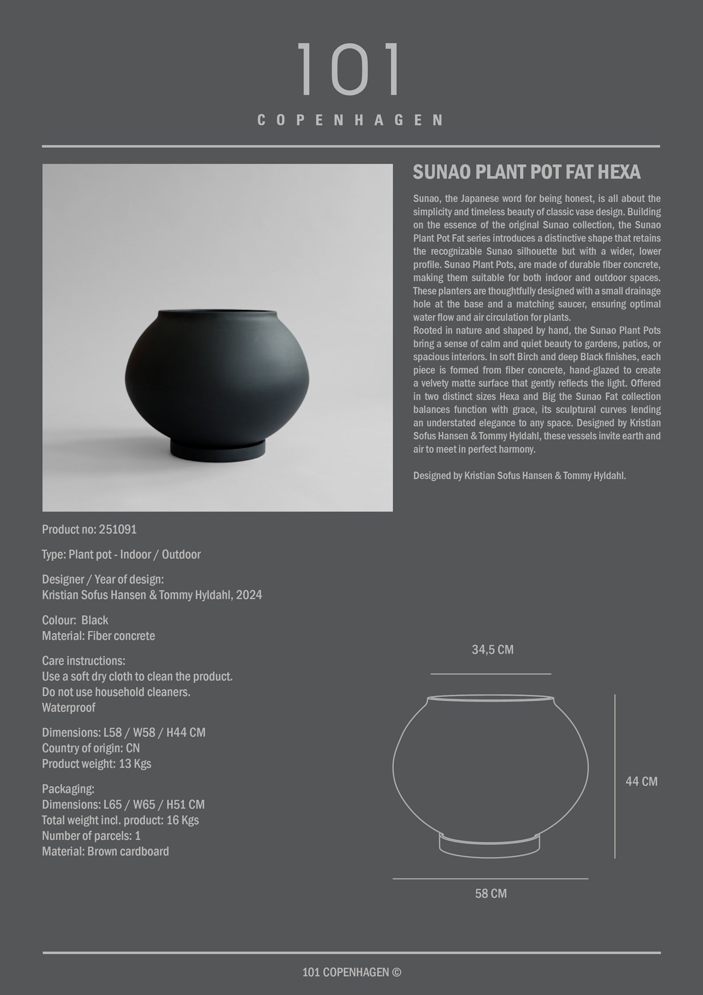 101 Copenhagen - Sunao Plant Pot Fat, Hexa - Black - Plant Pot