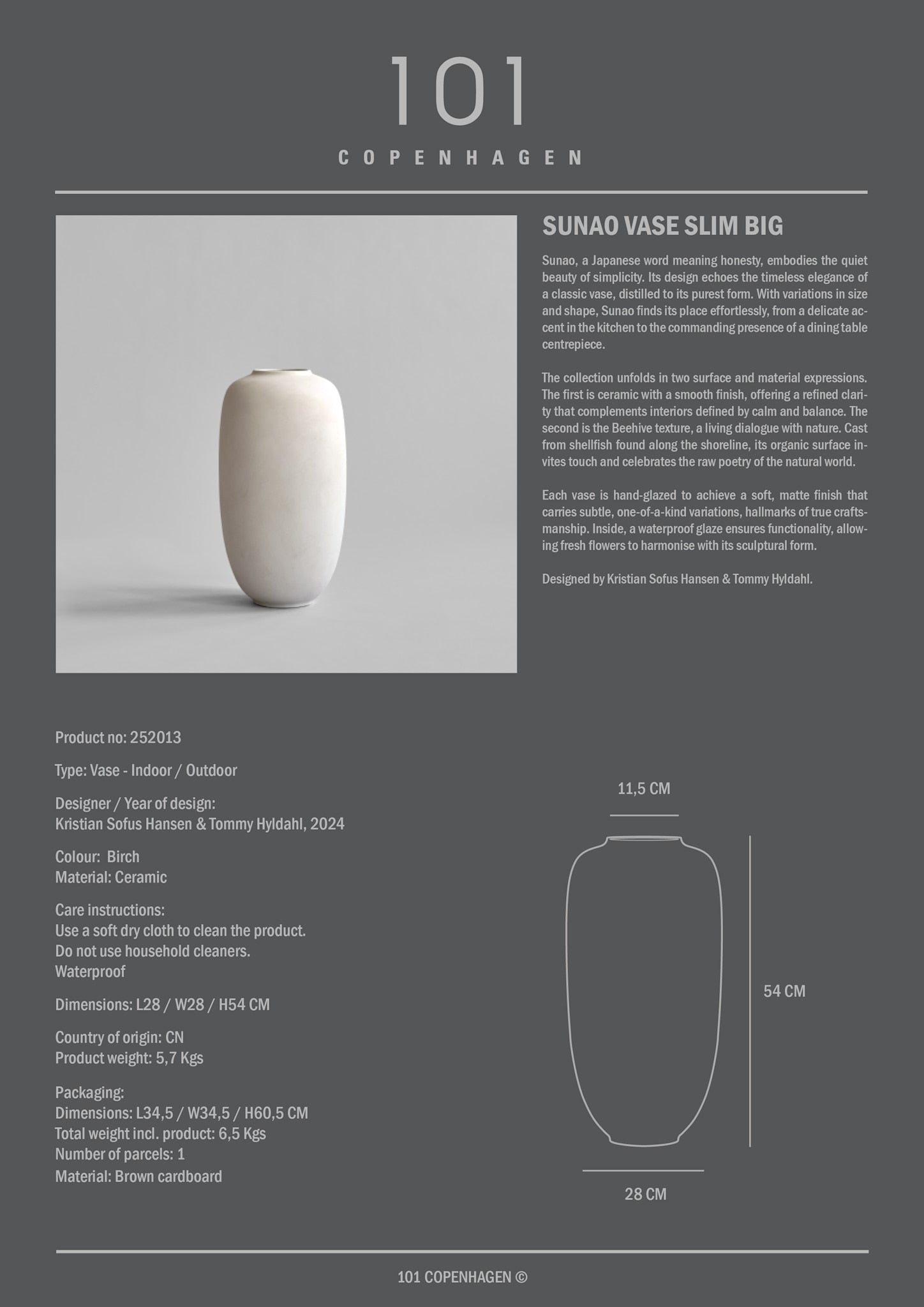 101 Copenhagen - Sunao Vase Slim, Big - Birch - Vase
