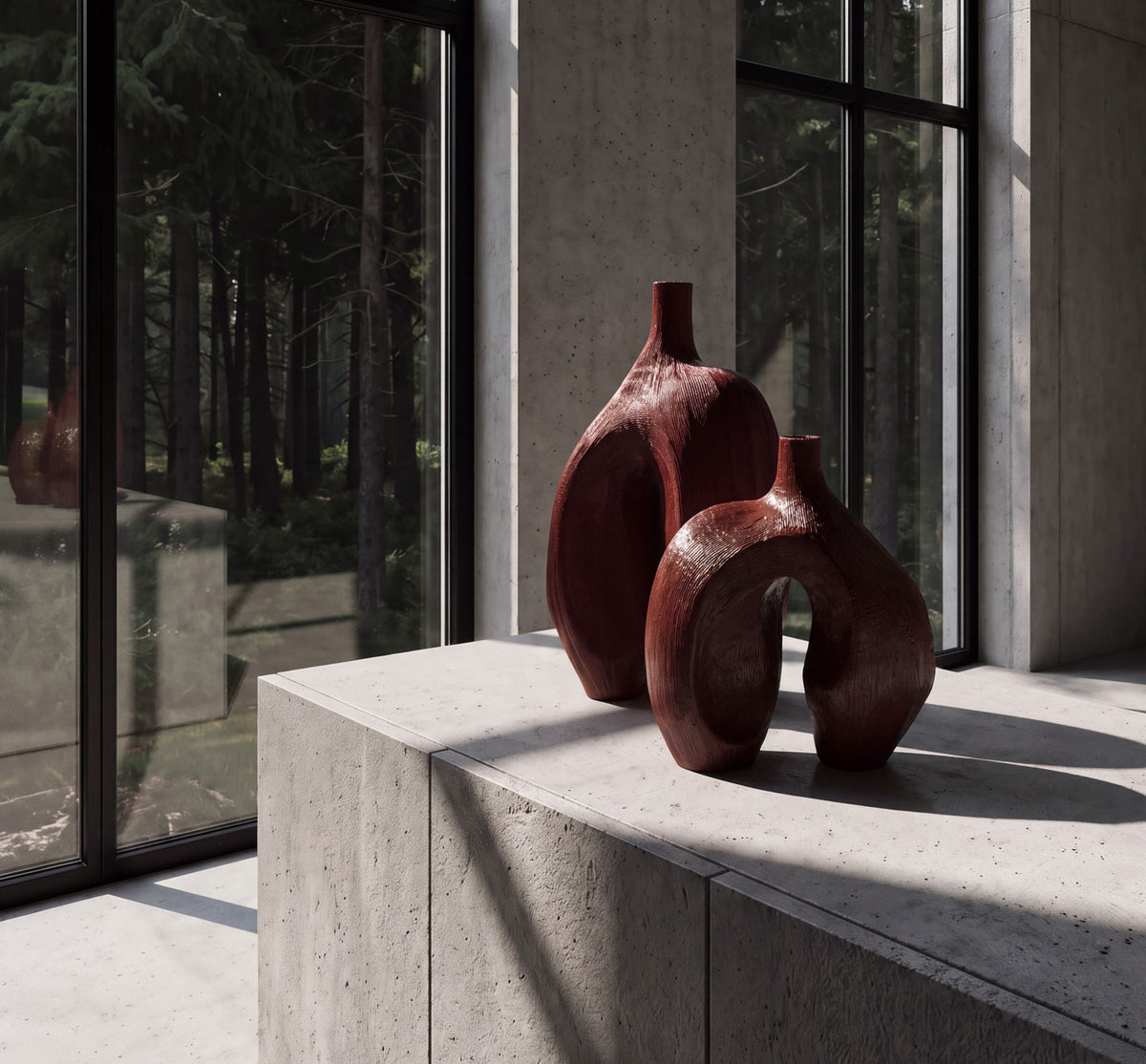 Ni Vases in Carved Ruby 