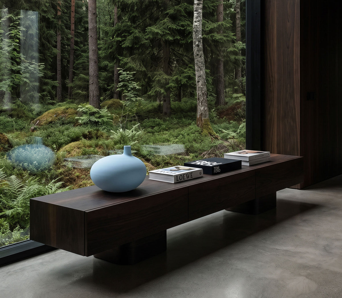 A long dark wood console table or bench placed in front of a large window overlooking a dense green forest. On the tabletop sits a light blue Submarine vase and a few books.