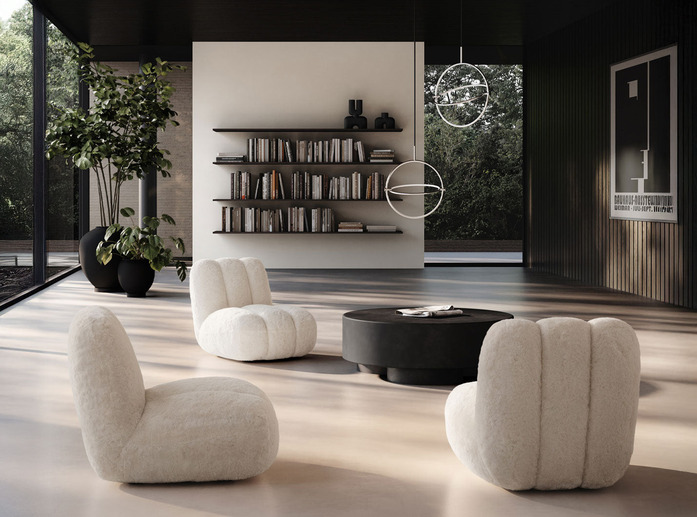 101 Copenhagen Lounge area with Toe Chairs Big foot coffee table, Maru pendants and Sunao plant pots 