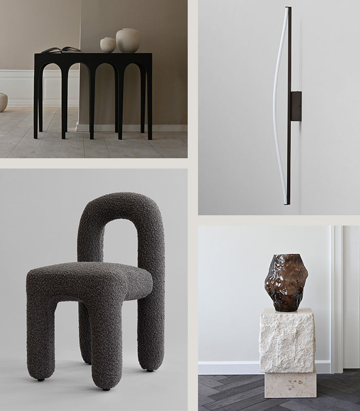 Daiku Dining chair, Bow console, Bow lamp and katachi vase on Temple coffee table