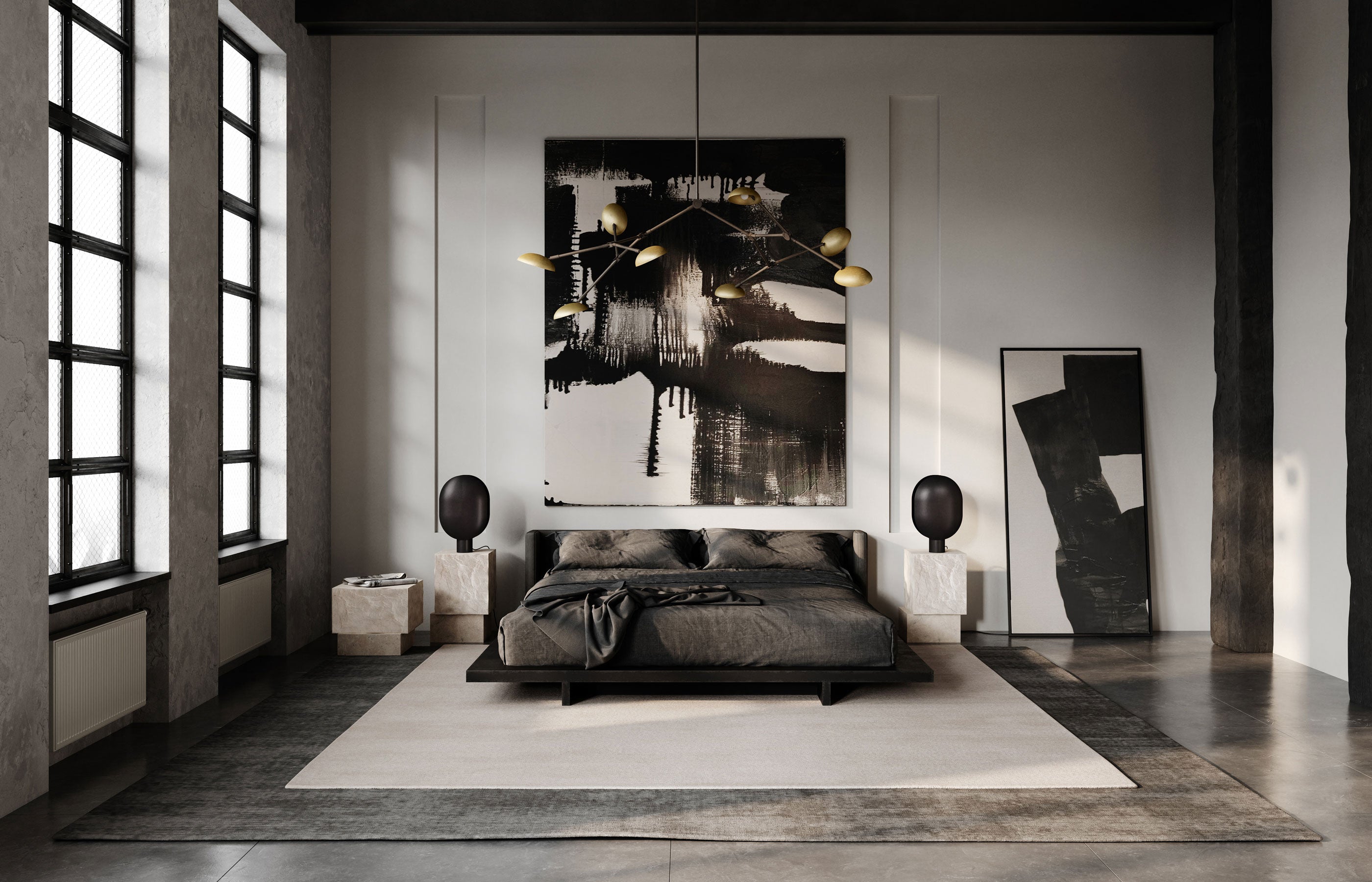 101 Copenhagen Drop chandelier brass and Clamp lamps in burnt black on limestone side tables in a bedroom loft