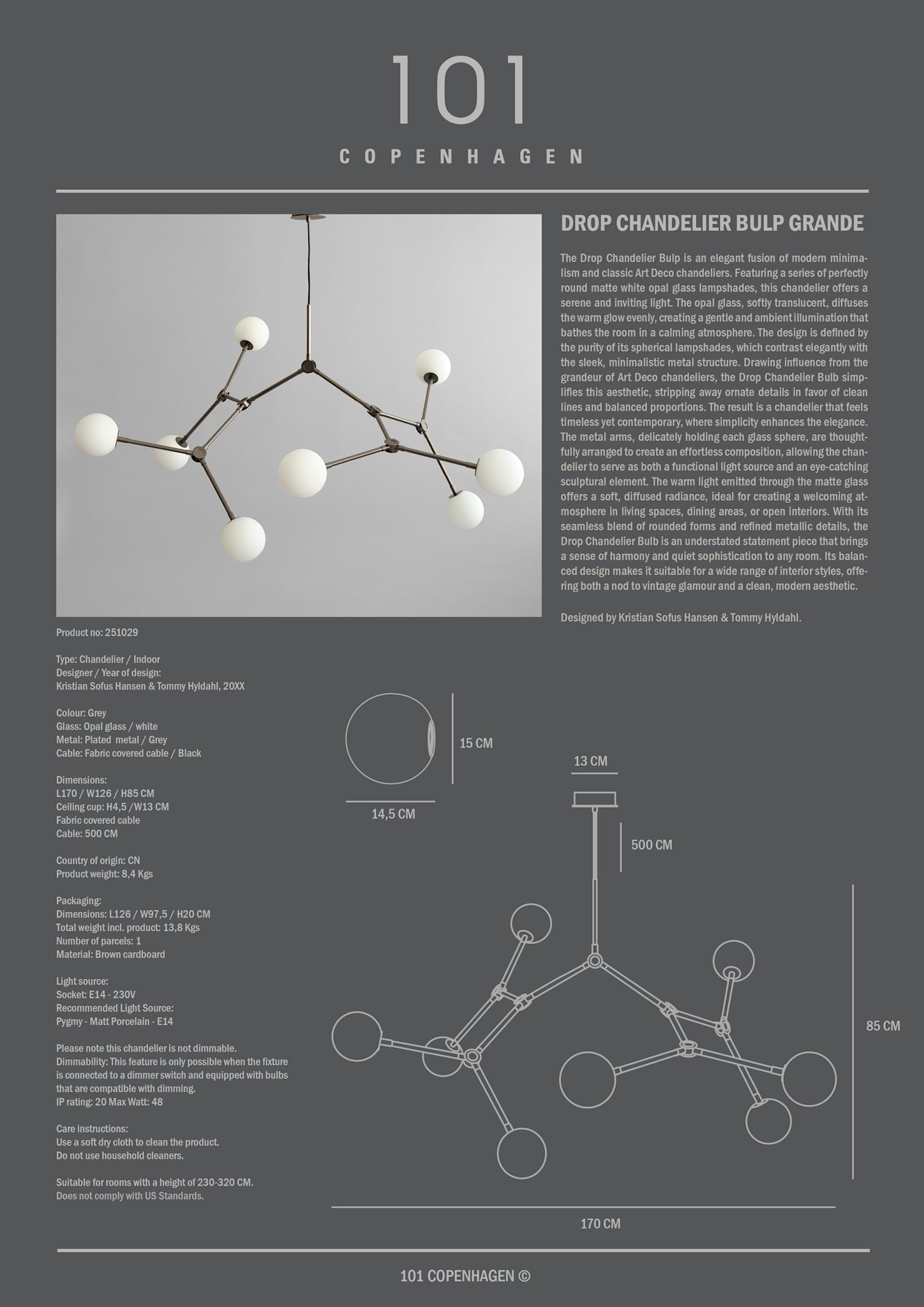 101 Copenhagen - Drop Chandelier Bulp, Grande - Grey (5m) - Chandelier