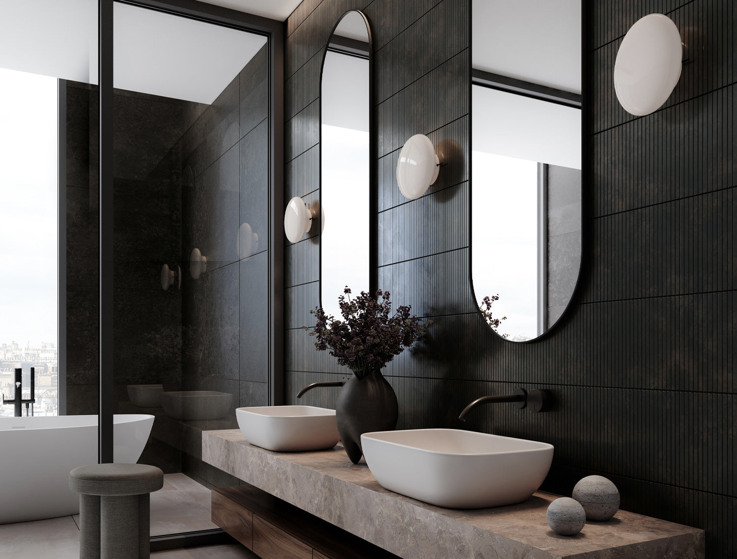 Modern bathroom with black walls, white sinks, and Hikari Wall lamps.
