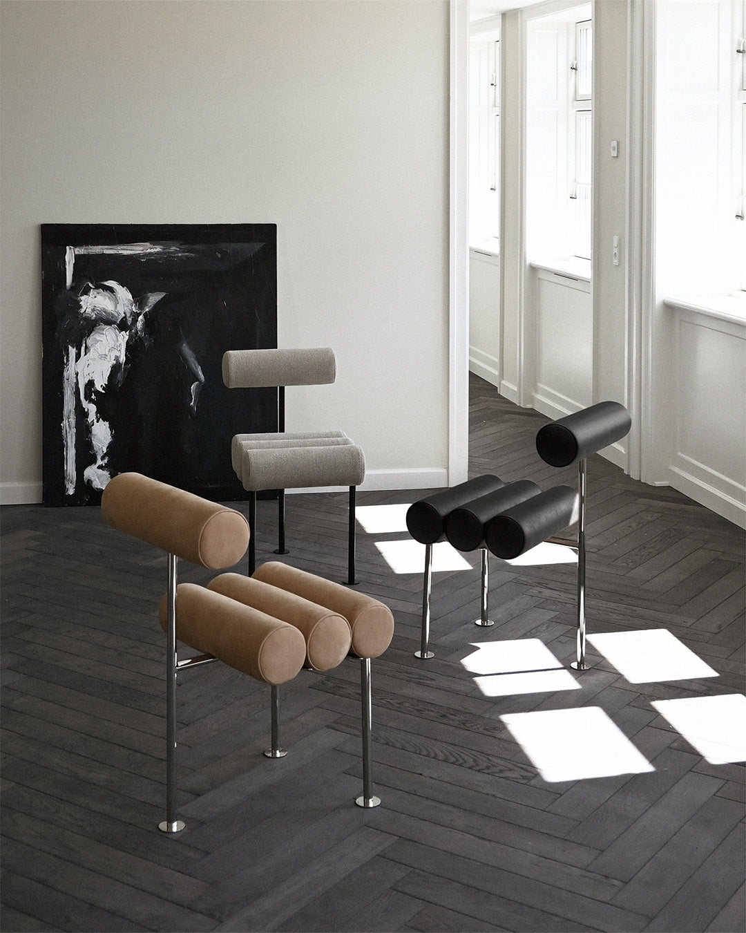 Hiro dining chairs in nubuck, leather and linen