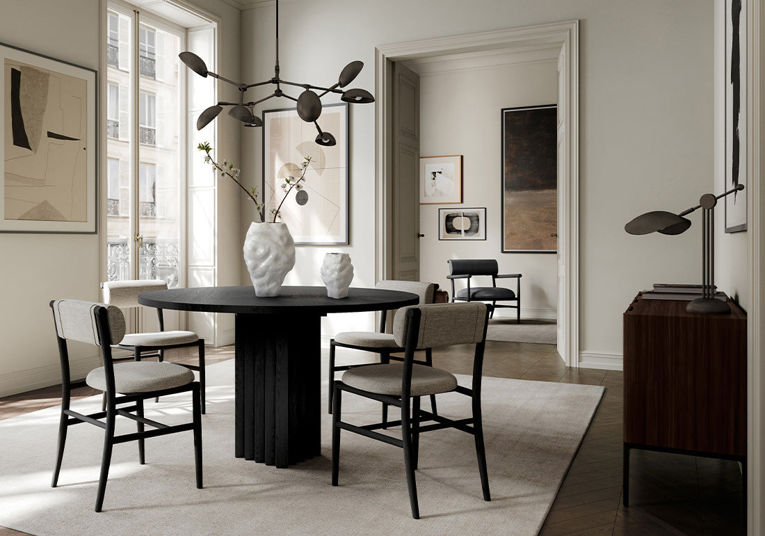 101 Copenhagen dining room with Katachi high glazed vases, Nama dining chairs and loung chair, Arc round dining table stingray-lighting